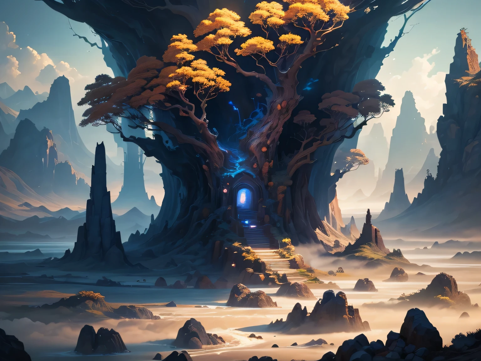 A surreal and exotic landscape，beautiful all around、Vibrant、Colorful。The screen shows strange alien flowers of various shapes and sizes.，and a rich variety of delicious alien fruits。highest image quality，Resolution is 4k or 8k，Capture every detail perfectly。The picture is extremely detailed，Presented in a realistic way，Bringing a truly immersive experience。This work combines illustration techniques and 3D rendering，Created a visually stunning、Works of great skill。Bright colors，Enhances the surreal feel of the landscape。The lighting design is very detailed，Demonstrates complex changes in light and shadow，Adds layer and depth to the scene。The work evokes curiosity and awe in the viewer，Taking the audience into a magical and surreal realm，Where the beauty of nature takes on a whole new meaning。