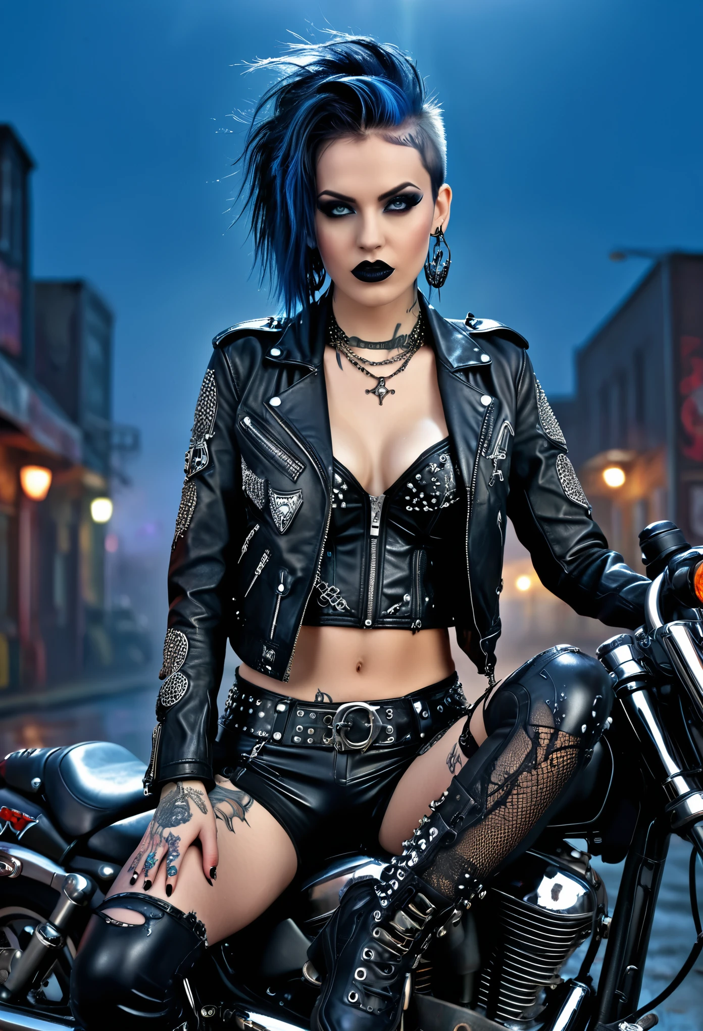 Generate an image of a gothic punk girl sitting on a high-powered motorcycle, the crystalline night sky serving as her reflective background as she confidently revs the engine with a menacing smirk, dripping with attitude. Possessing an eclectic mixed-match of intricate band tattoos, piercings, chained armor, bomber jacket, leather corset, fishnets, and strategic torn denim, she embodies a devil-may-care aura.