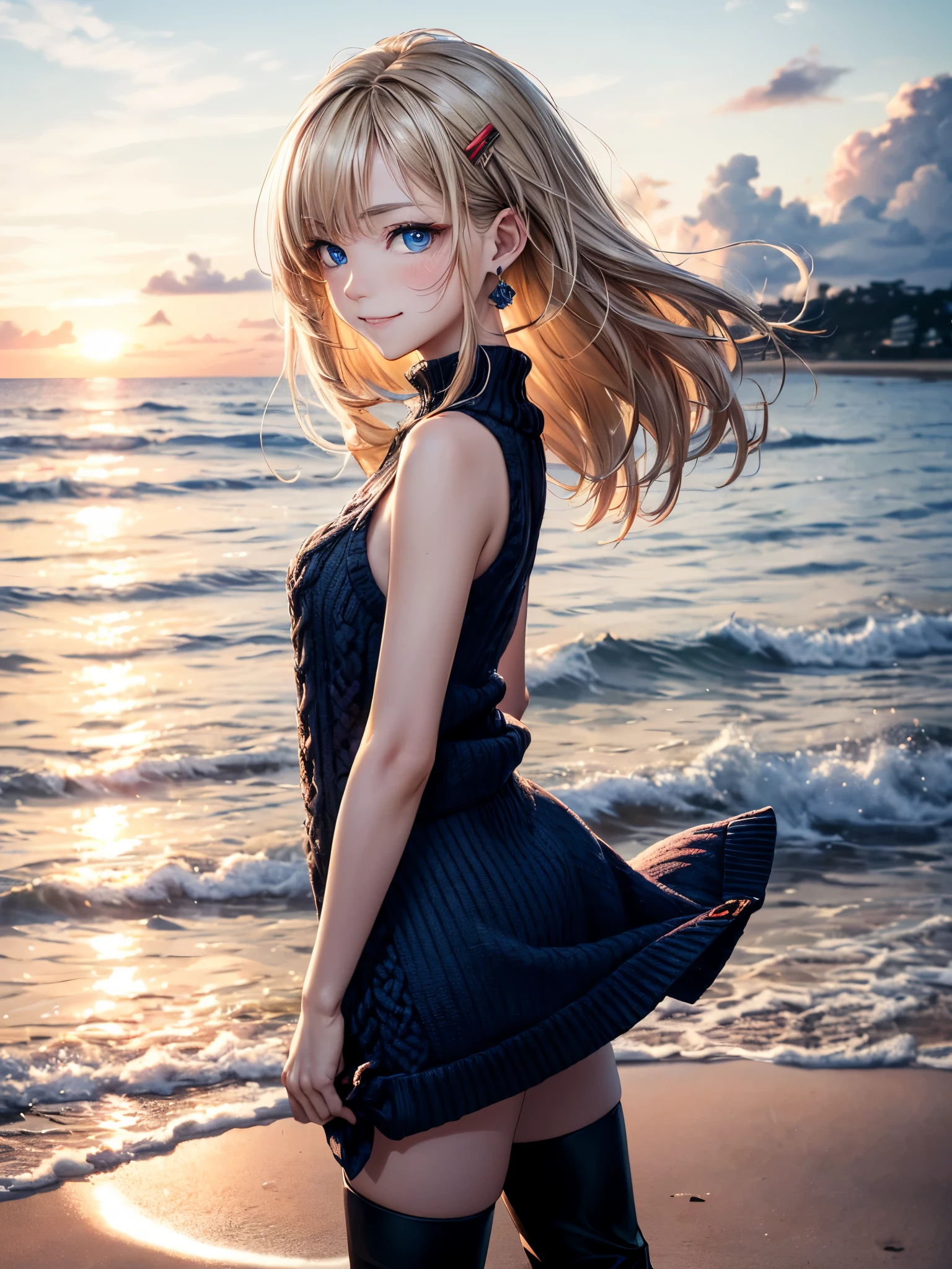 Melody Mark,absurderes, ultra-detailliert,bright colour,(solo),(From Side:1.2),(Looking at Viewer:1.5) (short twin-tailed blonde hair:1.2),(Hair parted in the middle:1.2),Shiny hair,(White sleeveless knit:1.2),(Black long boots),skirt by the,Delicate beautiful face, red blush、(Deep Blue Eyes:1.4), White skin, hair clips, earrings, a necklace,wrist watch,(A wistful smile:1.3),Beautiful cloud,(Standing on the beach and looking to the side with a sad expression:1.3),look at the sea and the sunset,at the sunset,Waves crashing on the beach,Sunlight,Light falls on the face