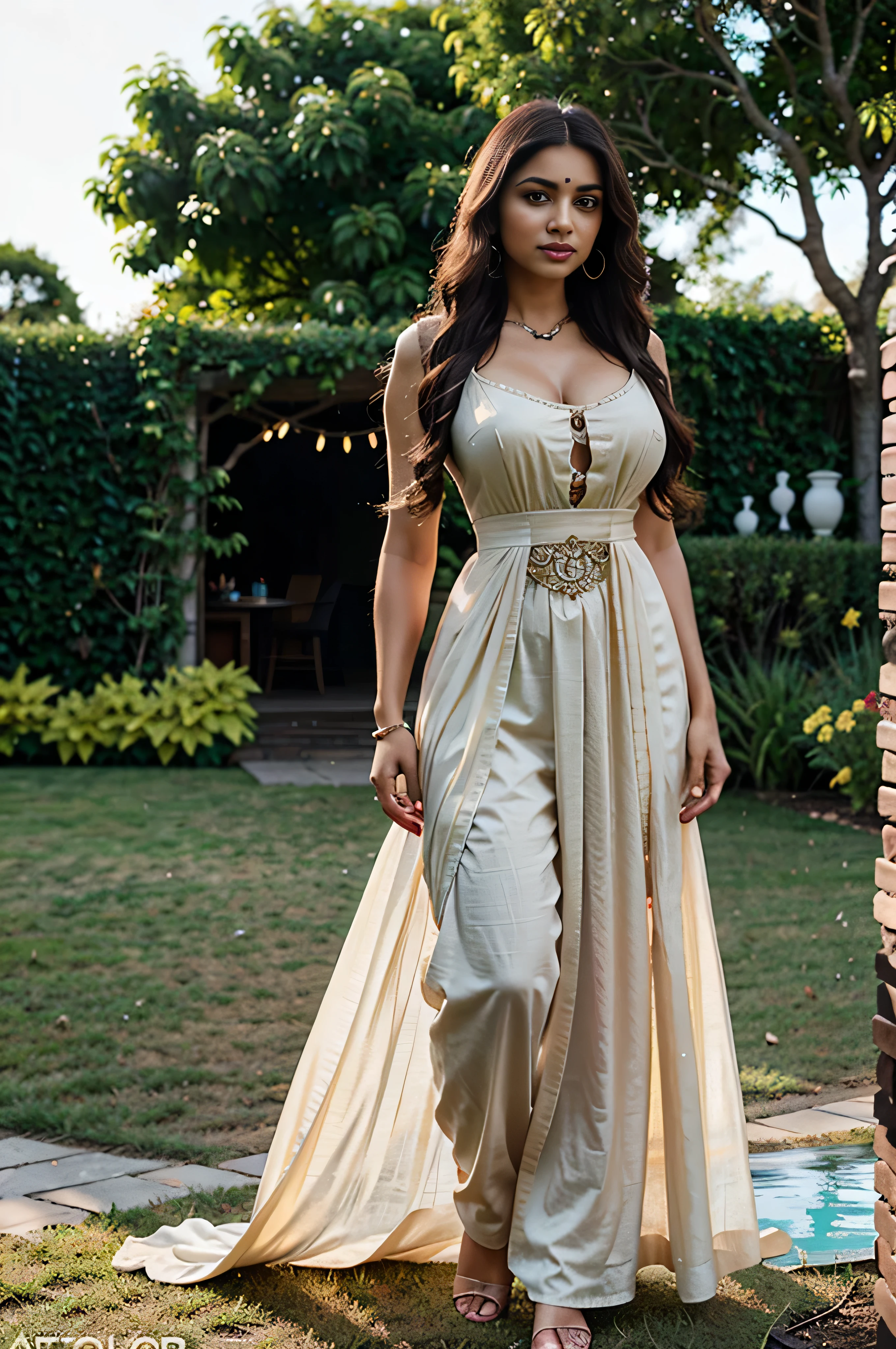 Full body portrait of A confident-looking indian woman, in frock, full body pic ,princess with long flowing hair, hazel eyes, designer jewellery, visible big breast, standing in garden, bokeh, sunset time, perfect composition, hyperrealistic, super detailed, 8k, photorealistic, high quality, trending art, trending on artstation, sharp focus, photo shoot, intricate details, highly detailed, 