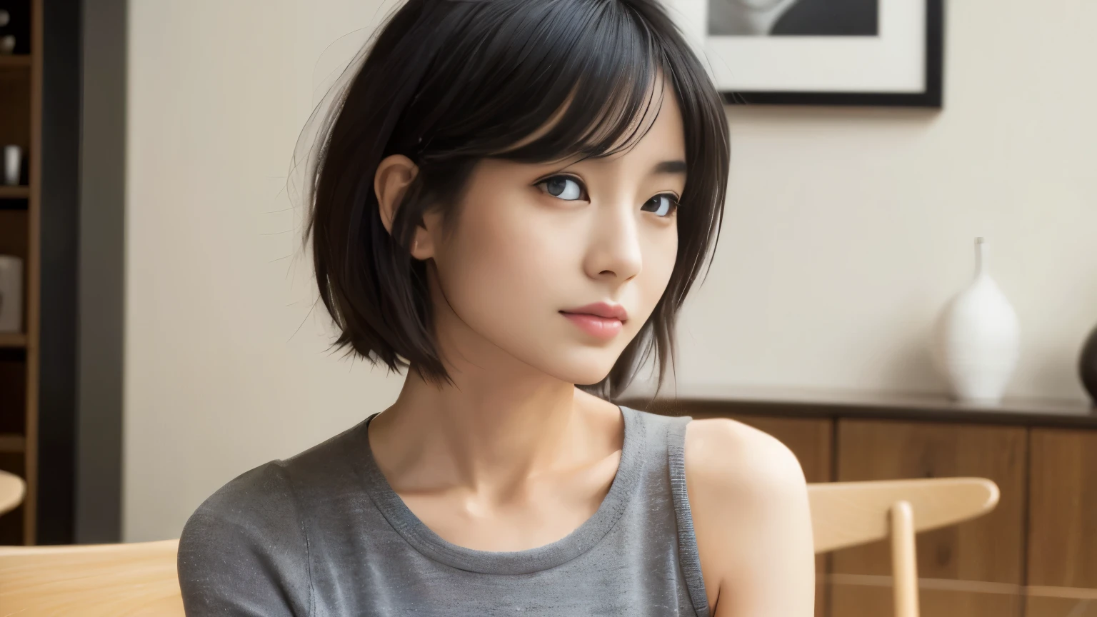 japanese woman, 30 years old, slender body shape, small breasts, very thin waist, beautiful face, beautiful eyes, black short hair, wearing a tight, short gray knit dress, sitting at a stylish cafe, I look back at you gently, 1 girl, alone, detailed face and eyes, small fingers and arms. full body photo. realistic, realistic,choker