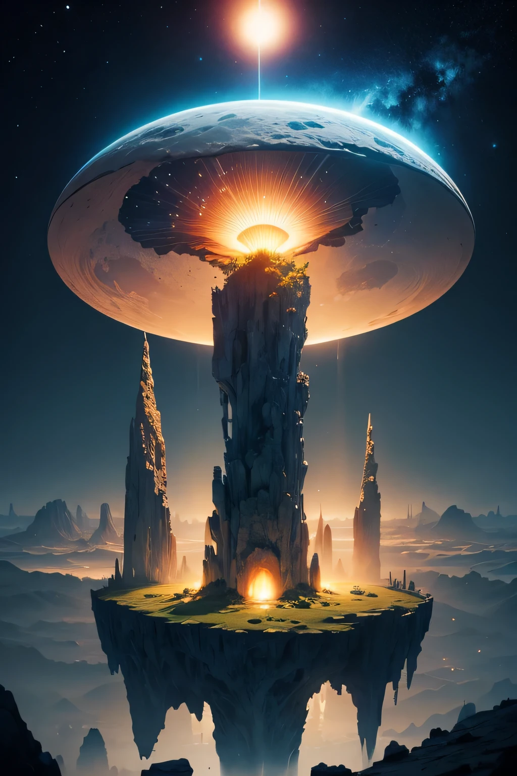 (best quality,4k,8k,HD,masterpiece:1.2),Super detailed,lifelike,alien landscape,beauty,Colorful,original,otherworldly,exotic,alien creature,dense vegetation,otherworldly plants and flowers,glowing mushroom,floating rocks,bioluminescent organisms,ethereal atmosphere,unusual geological formations,crystal-like structure,Alien sky with multiple moons and nebulae,strange constellations,amazing wildlife,unexplored terrain,Vivid and contrasting colors,Weird lighting effects,The ruins of an unknown civilization,alien architecture,energy ball,beam,alien energy,Celestial energy,Peaceful and mysterious atmosphere,spectacular view,majestic mountains,Fall,Surreal reflections,coexisting alien creature,Alien life forms with unique characteristics,close celestial body,strange celestial event,a profound sense of wonder and awe,Intrepid explorer discovers secrets of alien world,infinite possibilities。