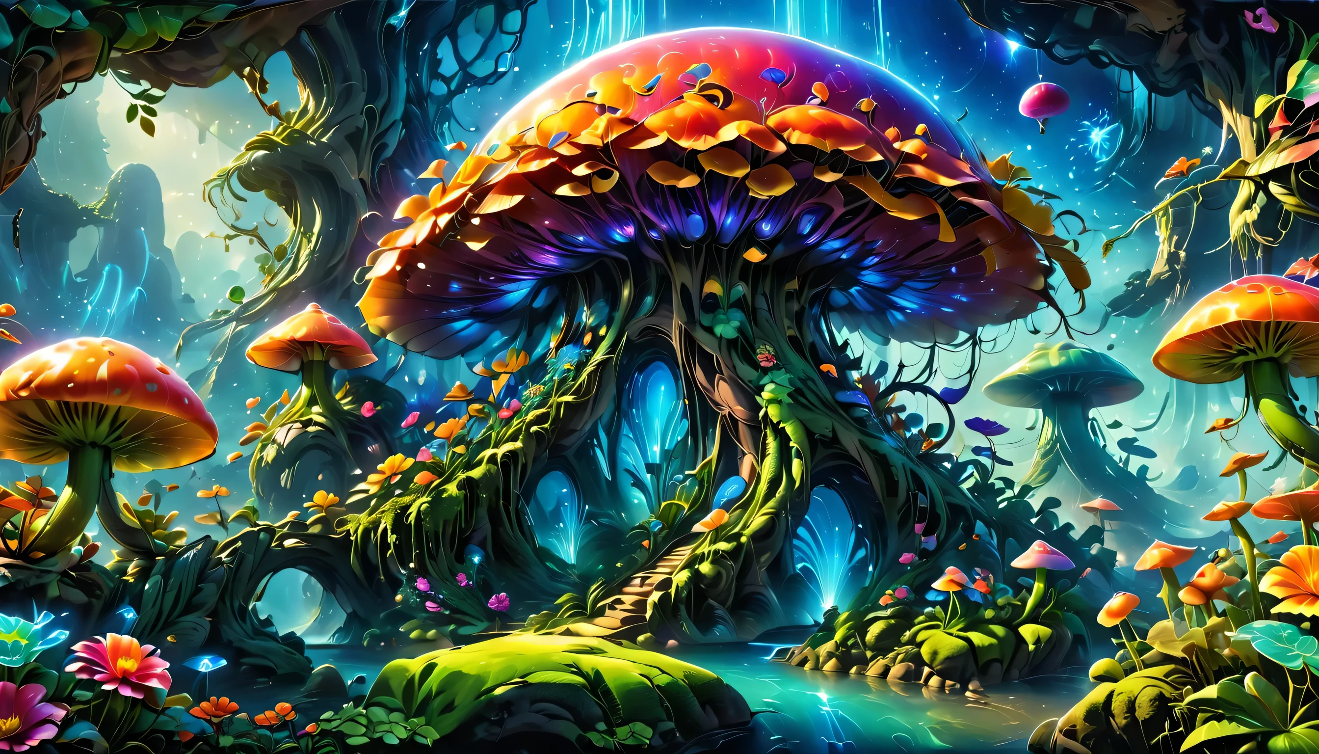 A surreal and exotic landscape,beautiful all around、Vibrant、Colorful。The screen shows strange alien flowers of various shapes and sizes.,and a rich variety of delicious alien fruits。highest image quality,Resolution is 4k or 8k,Capture every detail perfectly。The picture is extremely detailed,Presented in a realistic way,Bringing a truly immersive experience。This work combines illustration techniques and 3D rendering,Created a visually stunning、Works of great skill。Bright colors,Enhances the surreal feel of the landscape。The lighting design is very detailed,Demonstrates complex changes in light and shadow,Adds layer and depth to the scene。The work evokes curiosity and awe in the viewer,Taking the audience into a magical and surreal realm,Where the beauty of nature takes on a whole new meaning。