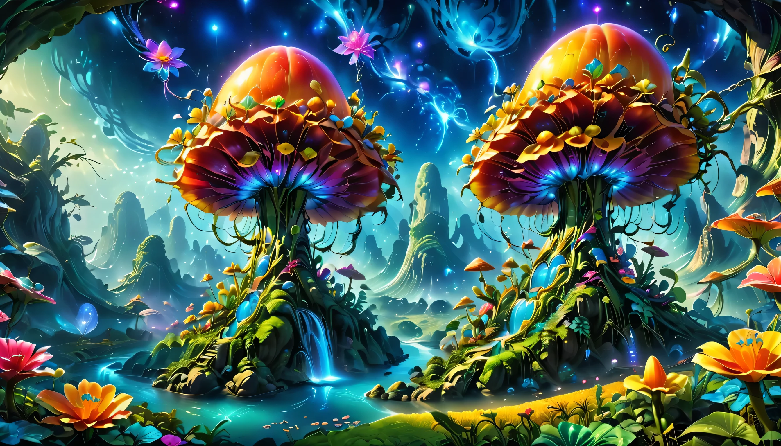 A surreal and exotic landscape，beautiful all around、Vibrant、Colorful。The screen shows strange alien flowers of various shapes and sizes.，and a rich variety of delicious alien fruits。highest image quality，Resolution is 4k or 8k，Capture every detail perfectly。The picture is extremely detailed，Presented in a realistic way，Bringing a truly immersive experience。This work combines illustration techniques and 3D rendering，Created a visually stunning、Works of great skill。Bright colors，Enhances the surreal feel of the landscape。The lighting design is very detailed，Demonstrates complex changes in light and shadow，Adds layer and depth to the scene。The work evokes curiosity and awe in the viewer，Taking the audience into a magical and surreal realm，Where the beauty of nature takes on a whole new meaning。