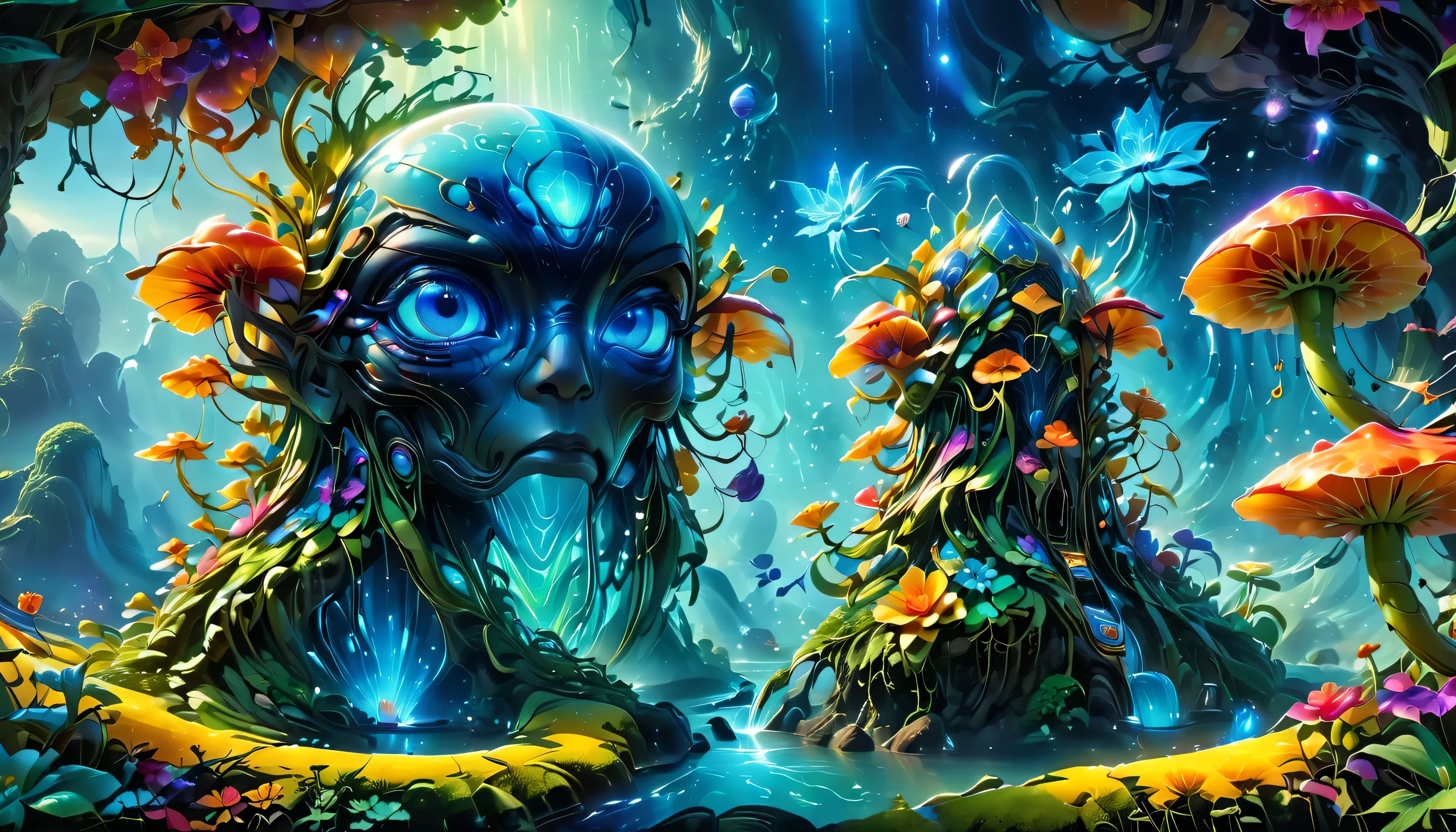 A surreal and exotic landscape,beautiful all around、Vibrant、Colorful。The screen shows strange alien flowers of various shapes and sizes.,and a rich variety of delicious alien fruits。highest image quality,Resolution is 4k or 8k,Capture every detail perfectly。The picture is extremely detailed,Presented in a realistic way,Bringing a truly immersive experience。This work combines illustration techniques and 3D rendering,Created a visually stunning、Works of great skill。Bright colors,Enhances the surreal feel of the landscape。The lighting design is very detailed,Demonstrates complex changes in light and shadow,Adds layer and depth to the scene。The work evokes curiosity and awe in the viewer,Taking the audience into a magical and surreal realm,Where the beauty of nature takes on a whole new meaning。