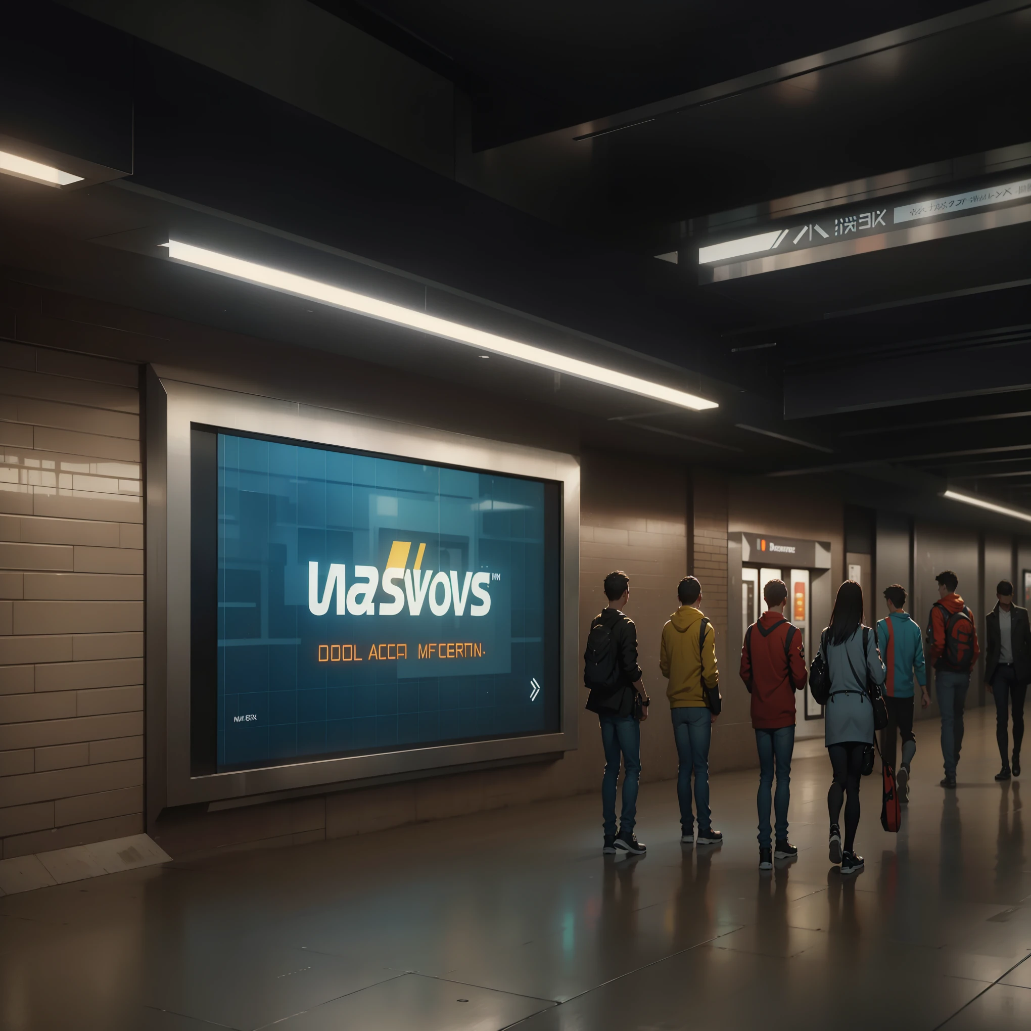 people walking in a subway station with a large screen displaying a subway advertisement, in a subway, Advertising Preview, futuristic cybernetic subway station, outdoor digital no meio, pose laciva, outdoors, digital outdoors, imax render, cinema 4 d sharp focus, por Kurt Roesch, foto amogus - realista, incongruente, 4k, high definition, octane render, ultra detailed, acrescente cores mais vivas ao background