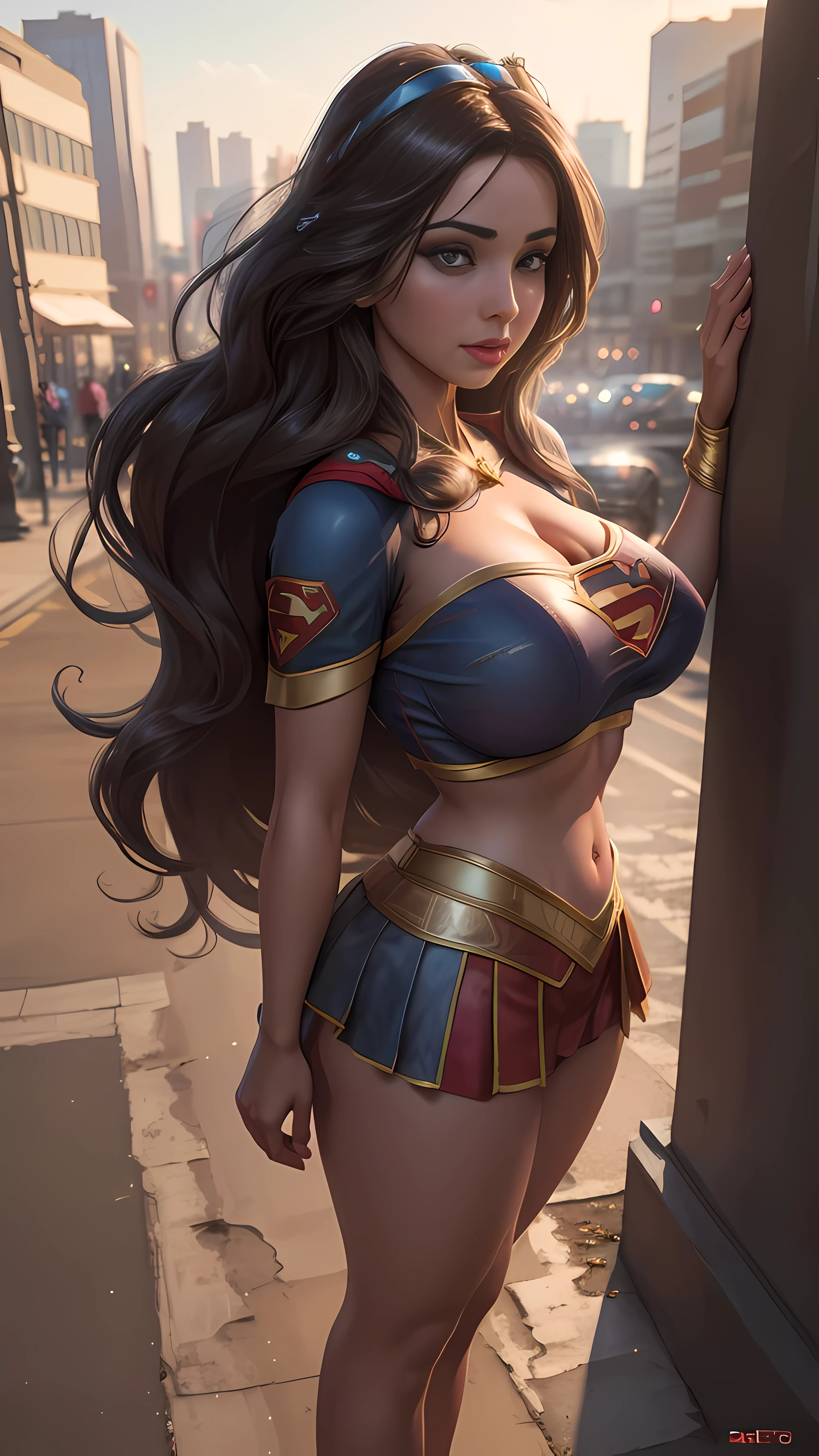 jasmine 1girl, supergirl outfit, (big breasts:1.4), outdoor, city landscape, full body, (realistic:1.2), (realism), (masterpiece:1.2), (best quality), (ultra detailed),(8k, 4k, intricate),light particles, lighting, (highly detailed:1.2),