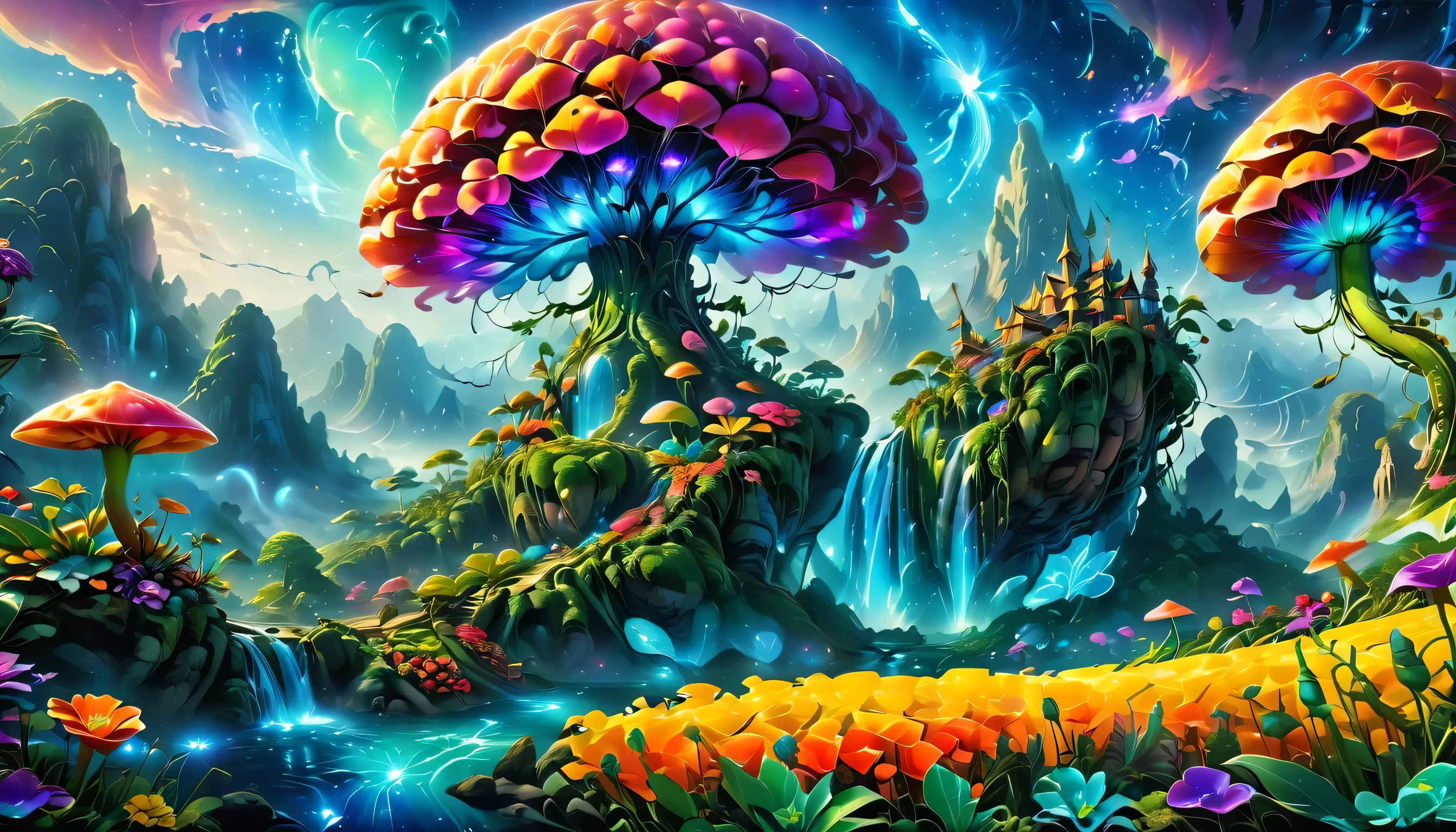 A surreal alien landscape with beautiful, vibrant, and colorful surroundings. The scene features exotic and peculiar flowers in various shapes and sizes, as well as an abundance of luscious and diverse fruits. The image quality is of the highest caliber, with a resolution of 4k or 8k, capturing every detail to perfection. The depiction is ultra-detailed and displayed in a photorealistic manner, allowing for a truly immersive experience. The artwork is created using a combination of illustrative techniques and 3D rendering, resulting in a visually striking and masterful piece. The colors are vivid and intense, enhancing the surreal nature of the landscape. The lighting is meticulously designed, showcasing the intricate play of light and shadow, and adding depth and dimension to the scene. This artwork evokes a sense of wonder and awe, transporting viewers to a magical and otherworldly realm where the beauty of nature takes on a whole new meaning.