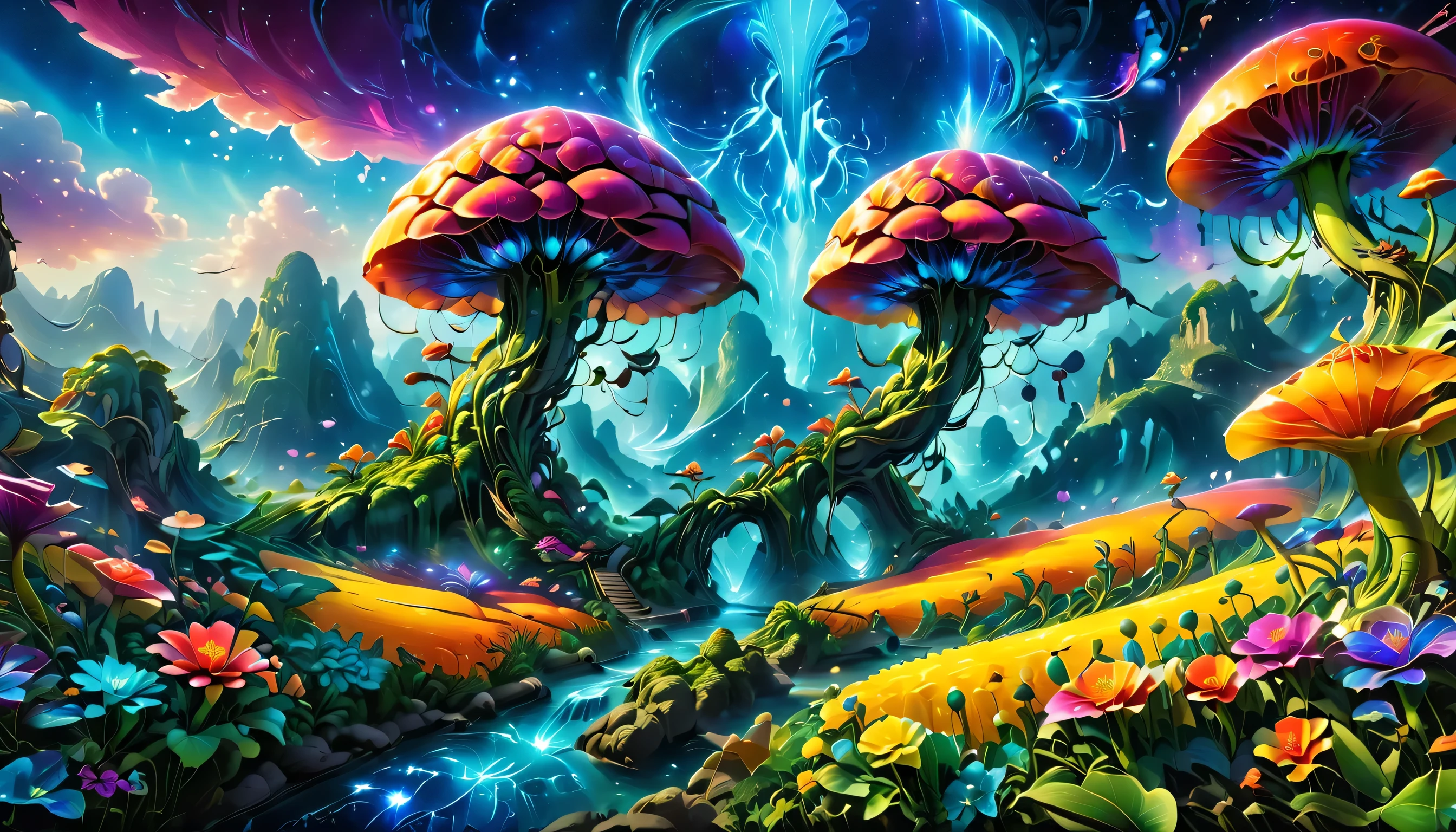 A surreal alien landscape with beautiful, vibrant, and colorful surroundings. The scene features exotic and peculiar flowers in various shapes and sizes, as well as an abundance of luscious and diverse fruits. The image quality is of the highest caliber, with a resolution of 4k or 8k, capturing every detail to perfection. The depiction is ultra-detailed and displayed in a photorealistic manner, allowing for a truly immersive experience. The artwork is created using a combination of illustrative techniques and 3D rendering, resulting in a visually striking and masterful piece. The colors are vivid and intense, enhancing the surreal nature of the landscape. The lighting is meticulously designed, showcasing the intricate play of light and shadow, and adding depth and dimension to the scene. This artwork evokes a sense of wonder and awe, transporting viewers to a magical and otherworldly realm where the beauty of nature takes on a whole new meaning.