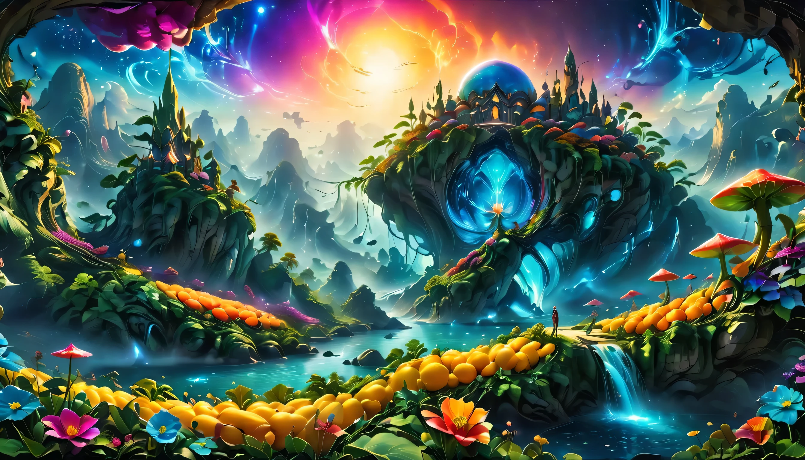 A surreal alien landscape with beautiful, vibrant, and colorful surroundings. The scene features exotic and peculiar flowers in various shapes and sizes, as well as an abundance of luscious and diverse fruits. The image quality is of the highest caliber, with a resolution of 4k or 8k, capturing every detail to perfection. The depiction is ultra-detailed and displayed in a photorealistic manner, allowing for a truly immersive experience. The artwork is created using a combination of illustrative techniques and 3D rendering, resulting in a visually striking and masterful piece. The colors are vivid and intense, enhancing the surreal nature of the landscape. The lighting is meticulously designed, showcasing the intricate play of light and shadow, and adding depth and dimension to the scene. This artwork evokes a sense of wonder and awe, transporting viewers to a magical and otherworldly realm where the beauty of nature takes on a whole new meaning.