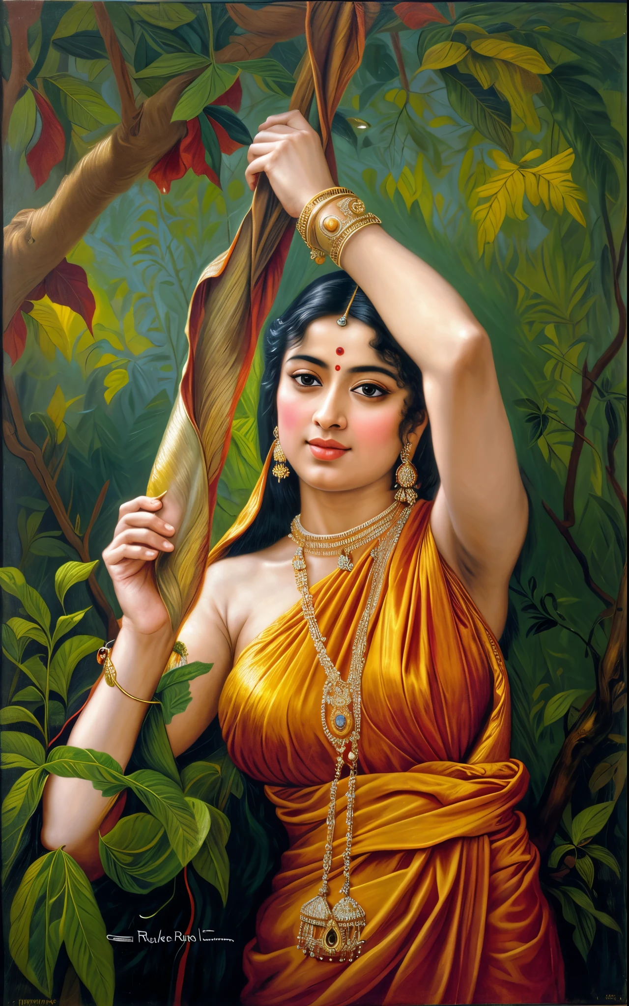 Beautiful Indian Woman, wearing saree, sari Beauty, gorgeous, Apsara, Maharani, royal queen woman, nymph from Hindu Mythology, Urvashi, matchless beauty, Highly detailed, Oil Painting by Peter Paul Rubens inspired by Raja Ravi Varma, Matchless beauty, captivating, gorgeous, heavenly beauty, celestial beauty, by Peter Paul Rubens, 13, realistic, hyper realistic, micro details, incredible artwork, insane details, ultra High resolution, 8k, 32k, acrylic on canvas, intricate, flawless, detailed, detailed face, detailed eyes, masterpiece, by Peter Paul Rubens, by Caravaggio, by William Adolphe bouguereau, perfect face, perfect body, beautiful art, realism, baroque, renaissance Art, highly textured, beautiful and detailed eyes, uhd, best quality,