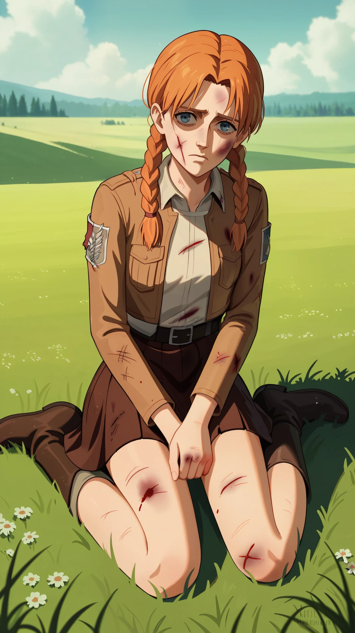 score_9, score_8_up, score_7_up, 1girl, skinny, attack on titan, 1girl, solo, sitting, outdoors, , aged down, kid, wearing skirt, medieval, medievaloutfit, grassy field, sittingon grass, looking at viewer, ppen mouth, ginger pigtails, braided pigtails, attavk on titan style, aot, snk,  bruised, injured, wounded, bleedin, deep wound, gore, gore scene, dying, amost dead, in pain, pain expression 