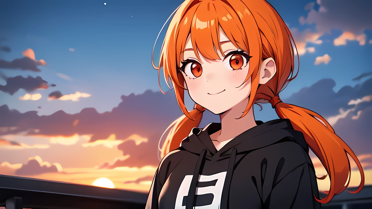 1girl,solo,upper body,looking at viewer,facing viewer,low twintails,orange hair,red eyes,parted bangs,white hairtie,black hoodie,hair pulled back,smile,sunset,roof