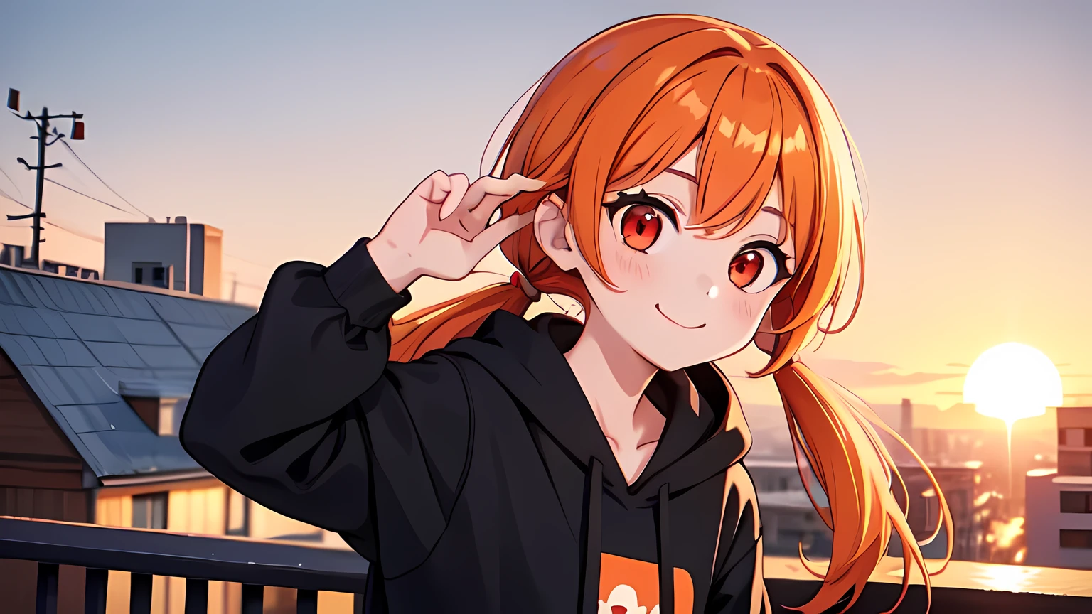 1girl,solo,upper body,looking at viewer,facing viewer,low twintails,orange hair,red eyes,parted bangs,white hairtie,black hoodie,hair pulled back,smile,sunset,roof