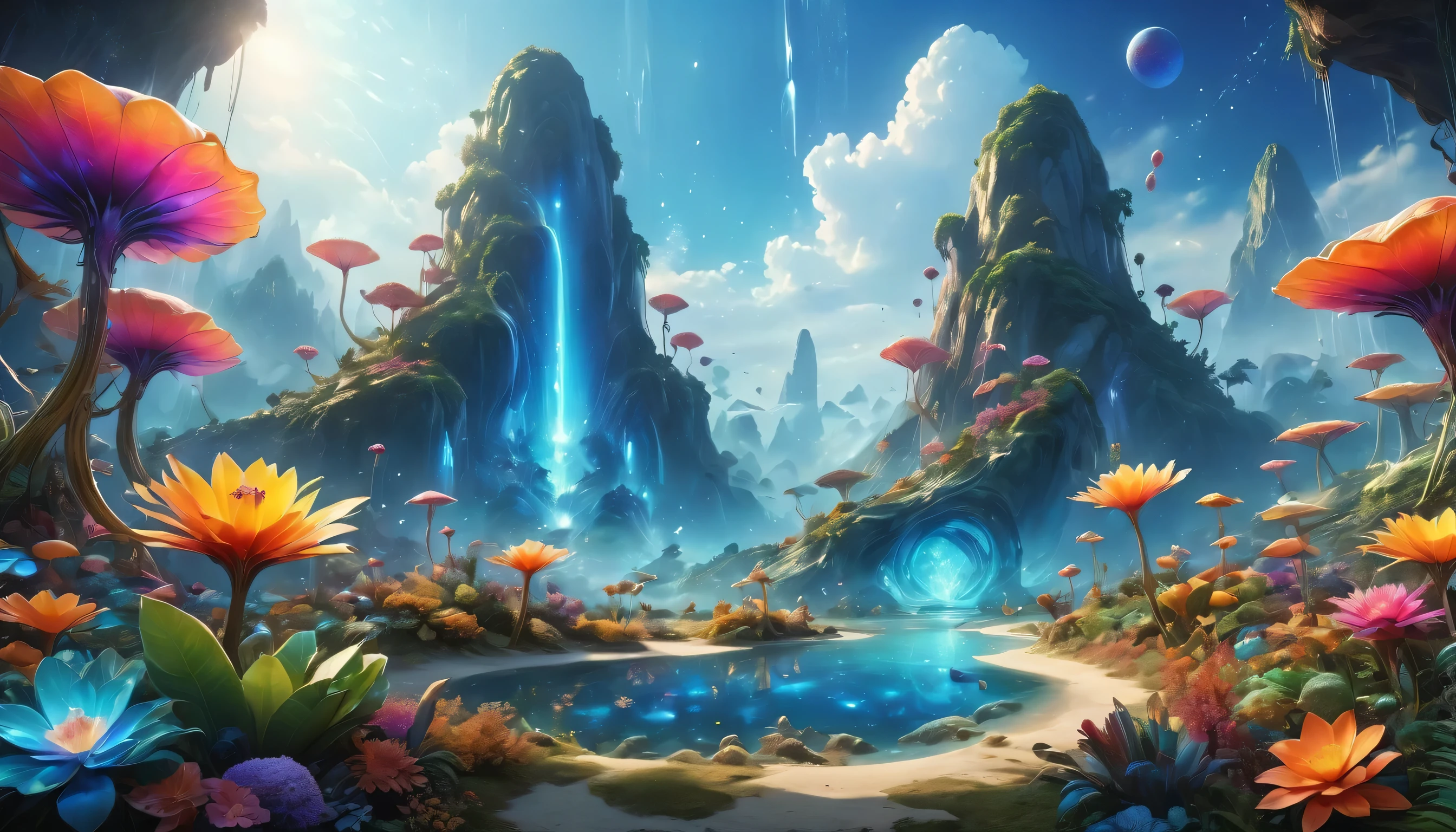 A surreal and exotic landscape,beautiful all around、Vibrant、Colorful。The screen shows strange alien flowers of various shapes and sizes.,and a rich variety of delicious alien fruits。highest image quality,Resolution is 4k or 8k,Capture every detail perfectly。The picture is extremely detailed,Presented in a realistic way,Bringing a truly immersive experience。This work combines illustration techniques and 3D rendering,Created a visually stunning、Works of great skill。Bright colors,Enhances the surreal feel of the landscape。The lighting design is very detailed,Demonstrates complex changes in light and shadow,Adds layer and depth to the scene。The work evokes curiosity and awe in the viewer,Taking the audience into a magical and surreal realm,Where the beauty of nature takes on a whole new meaning。