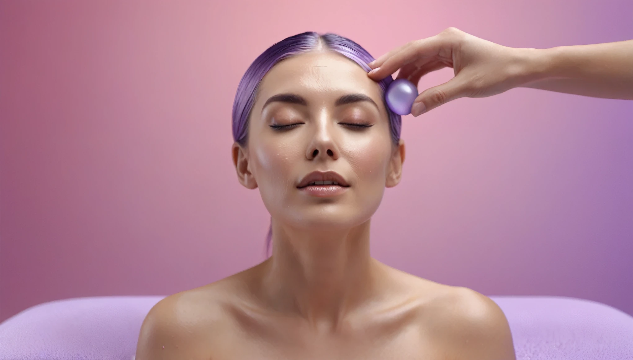 man doing massage to woman, womans mouth wide open. massage table, liquid drops, skin, minimalistic, in a light purple and pink style, with soft edges and blurred details, with a 3D render, on a colorful background, with a minimalist stage design, in a surreal style, with a cinema4D rendering, with a minimalist style, with low saturation, using gradient colors, with a cinema4D rendering, with a blender rendering, with super detail, at a super high resolution, at a super high definition
