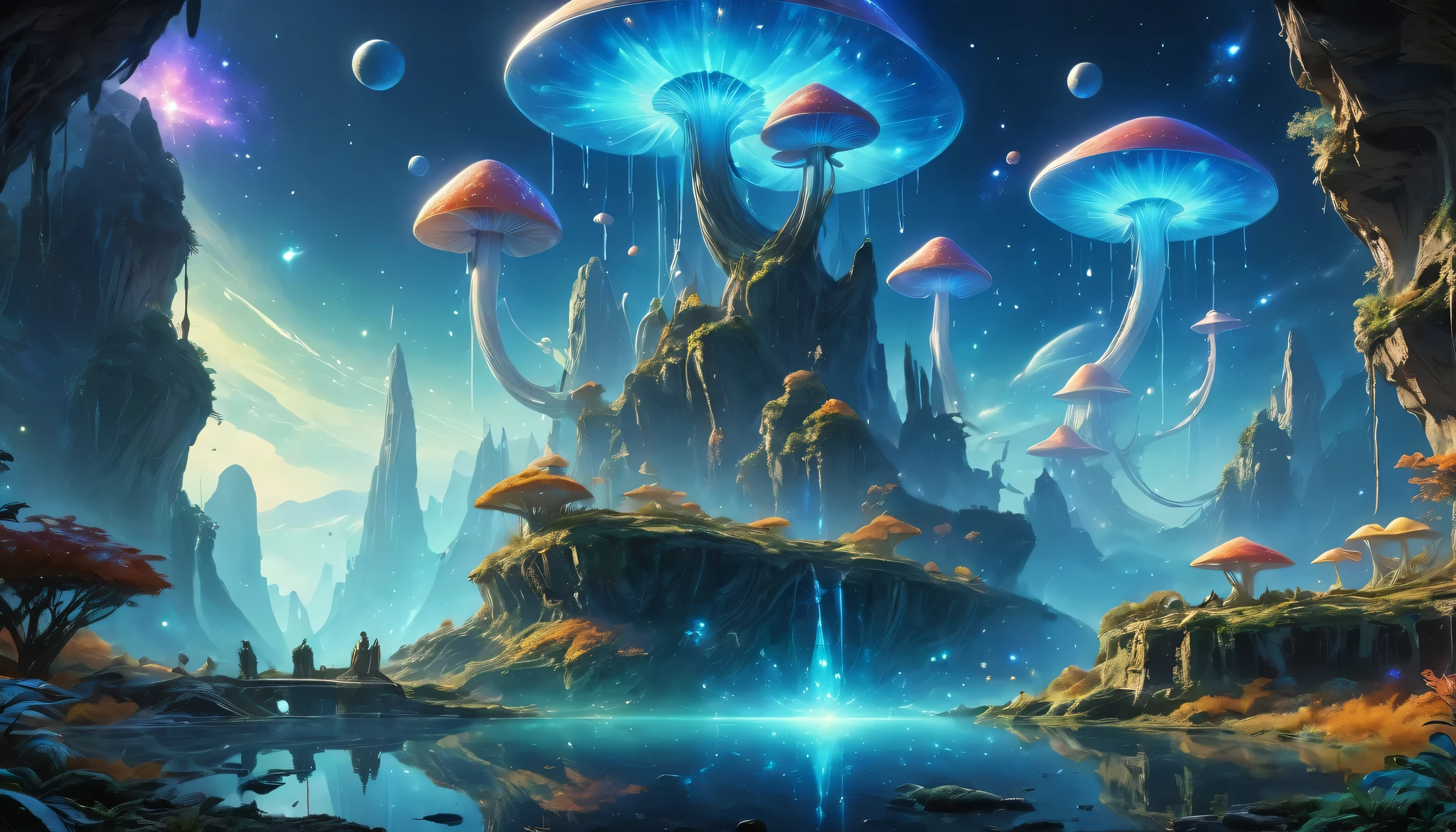 （best quality，4k，8k，HD，masterpiece：1.2），Super detailed，lifelike，alien landscape，beauty，Colorful，original，otherworldly，exotic，alien creature，dense vegetation，otherworldly plants and flowers，glowing mushroom，floating rocks，bioluminescent organisms，ethereal atmosphere，unusual geological formations，crystal-like structure，Alien sky with multiple moons and nebulae，strange constellations，amazing wildlife，unexplored terrain，Vivid and contrasting colors，Weird lighting effects，The ruins of an unknown civilization，alien architecture，energy ball，beam，alien energy，Celestial energy，Peaceful and mysterious atmosphere，spectacular view，majestic mountains，Fall，Surreal reflections，coexisting alien creature，Alien life forms with unique characteristics，close celestial body，strange celestial event，a profound sense of wonder and awe，Intrepid explorer discovers secrets of alien world，infinite possibilities。