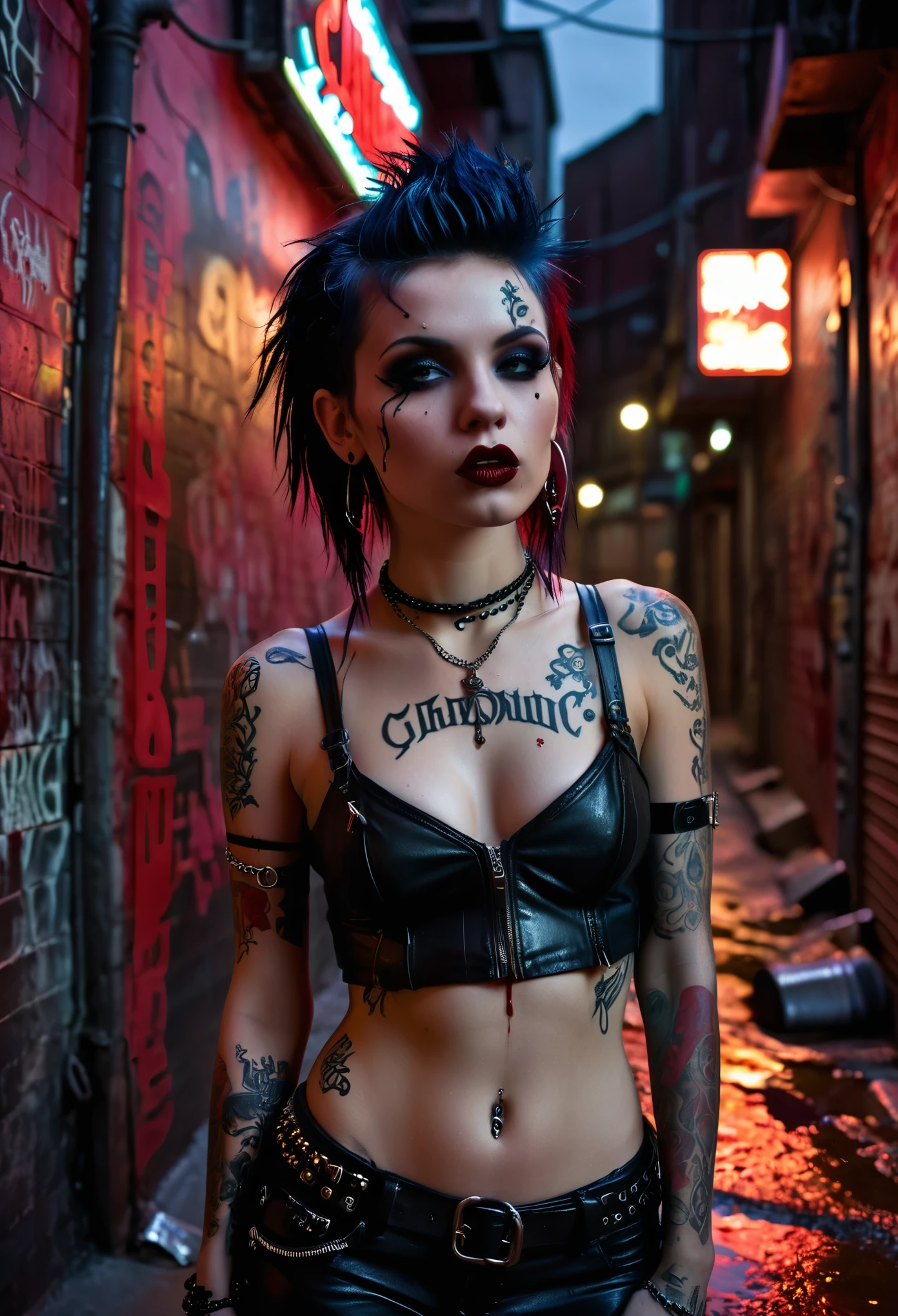 In a dimly lit, grungy alleyway, a gothic-punk girl, adorned in ripped leather and piercings, glares menacingly as she sips from a vial of dark, blood-red liquid. The shadows dance upon her intricately tattooed skin, her piercing gaze punctuated by the flickering light from a neon sign. Clash between the harsh reality of the urban setting and the ethereal and dark beauty of the girl, as she stands guard against all who dare to cross her path.