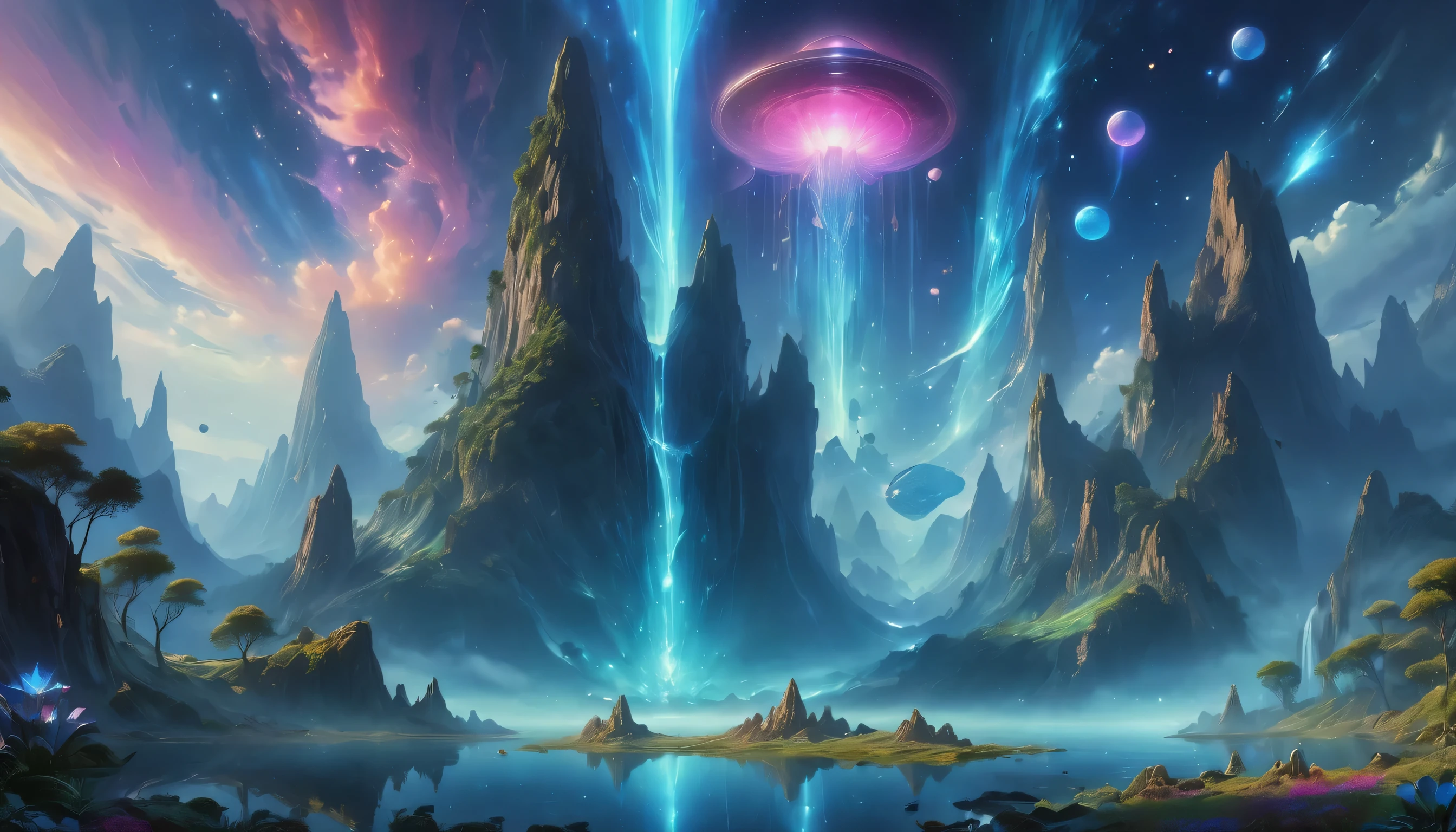 (best quality,4k,8k,highres,masterpiece:1.2),ultra-detailed,realistic,alien landscape,beautiful,colorful,primal,otherworldly,exotic,extraterrestrial,lush vegetation,unearthly plants and flowers,glowing mushrooms,hovering rocks,bioluminescent organisms,ethereal atmosphere,unusual geological formations,crystal-like structures,alien skies with multiple moons and nebulae,unfamiliar constellations,fantastical wildlife,unexplored terrain,vibrant and contrasting colors,eerie lighting effects,ancient ruins of an unknown civilization,alien architecture,orbs of energy,light beams,extraterrestrial energy sources,celestial energies,peaceful yet mysterious atmosphere,majestic vistas,grandiose mountains,cascading waterfalls,surreal reflections,alien creatures in harmonious coexistence,alien lifeforms with unique characteristics,celestial bodies in close proximity,unfamiliar celestial events,profound sense of wonder and awe,adventurous explorers discovering the secrets of the alien world,limitless possibilities.