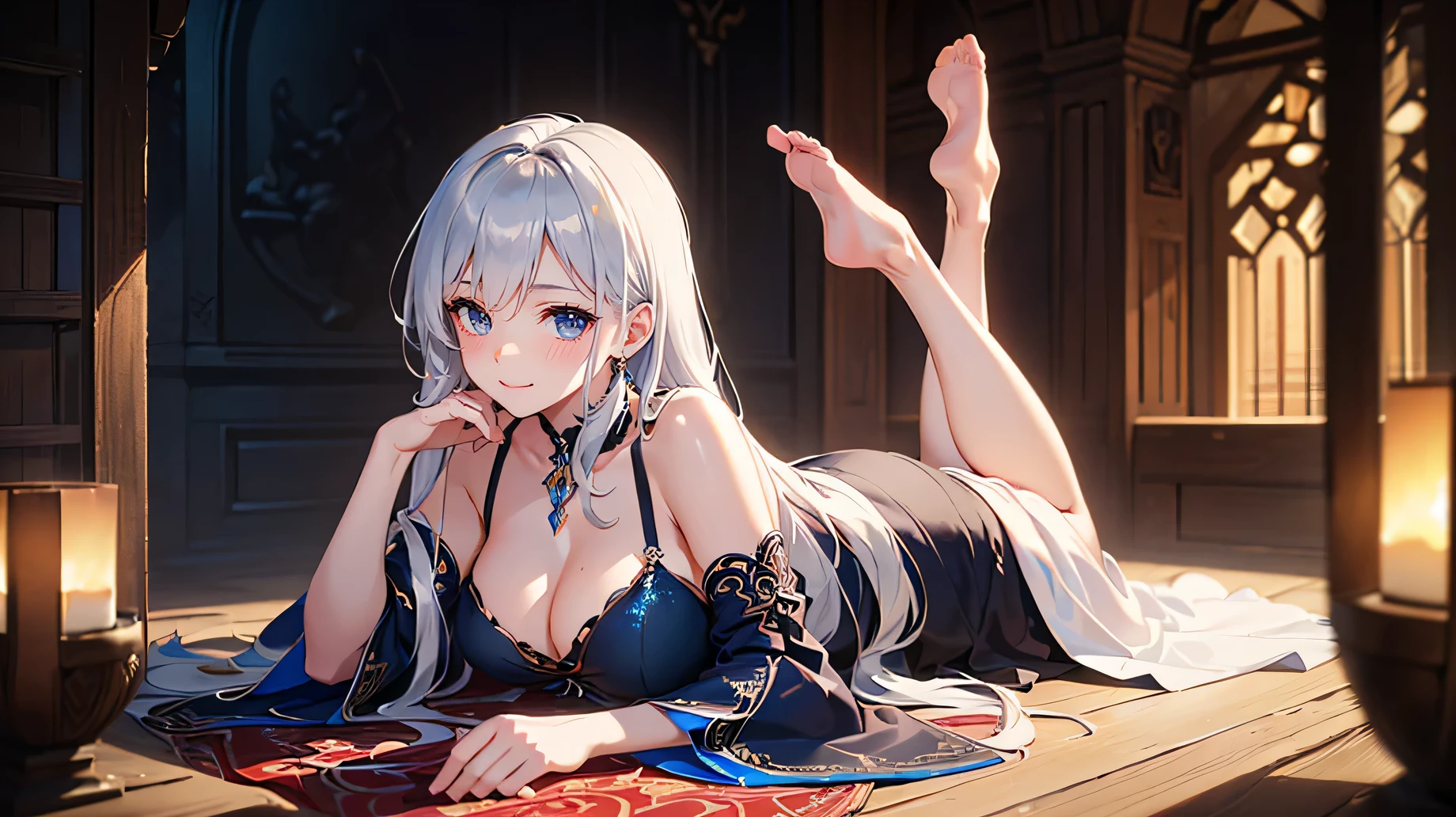 day, RAW Photography, 1 Girl, Sexy 25 Year Old Girl, (silver long hair, deep blue eyes, medium breasts, fit, athletic:1.1), (cleavage, arms down pressing on chest, laying down sideways, on stomach, feet up, playful, short medieval dress, revealing dress, sexy pose, Gentle Smile Staring at the Camera, side angle shot:1.2), medieval garden, (Masterpiece, Best Quality, Ultra Detail, Cinematic Lights, Intricate Detail, High Definition, 8k, UHD, DSLR, soft lighting, high quality, film grain, fujifilm XT3, shallow depth of field, natural light, perfect face, Very Detailed, Very Beautiful full body shot:1.2)