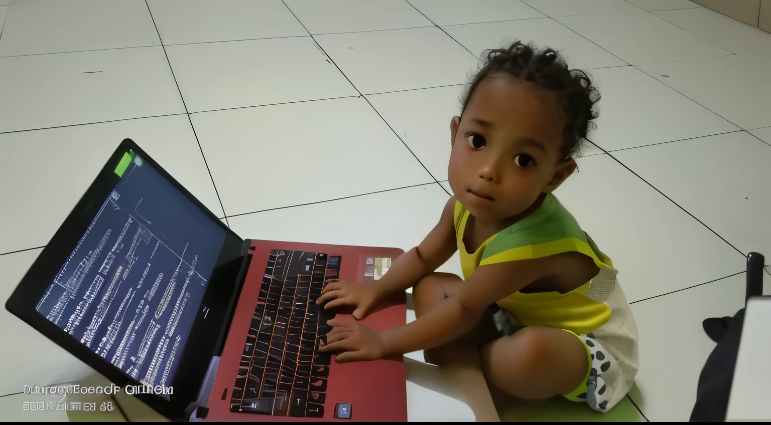 there is a small sitting on the floor with a laptop, working on her laptop, with a laptop on his lap, in front of a computer, typing on laptop, future coder, sitting in front of computer, coding time, inspired by Abidin Dino, working, laptop, perfect expression, trying to study, ???, potrait