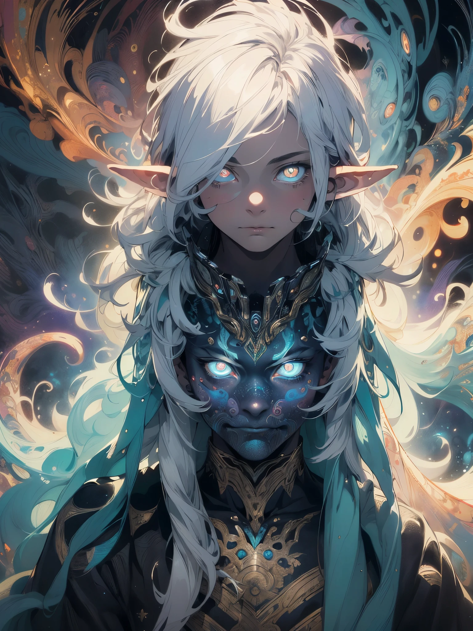 Realistic, (Masterpiece, Top Quality, Best Quality, Official Art, Beauty and Aesthetics: 1.2), Very Detailed, Fractal Art, Colorful, Most Detailed, Zentangle, (Abstract Background: 1.5) (1boy: 1.3), Long Hair, (Glowing Eyes), Mysterious, (Magic), Handsome Man,Elves,Sparkling,Soft expression