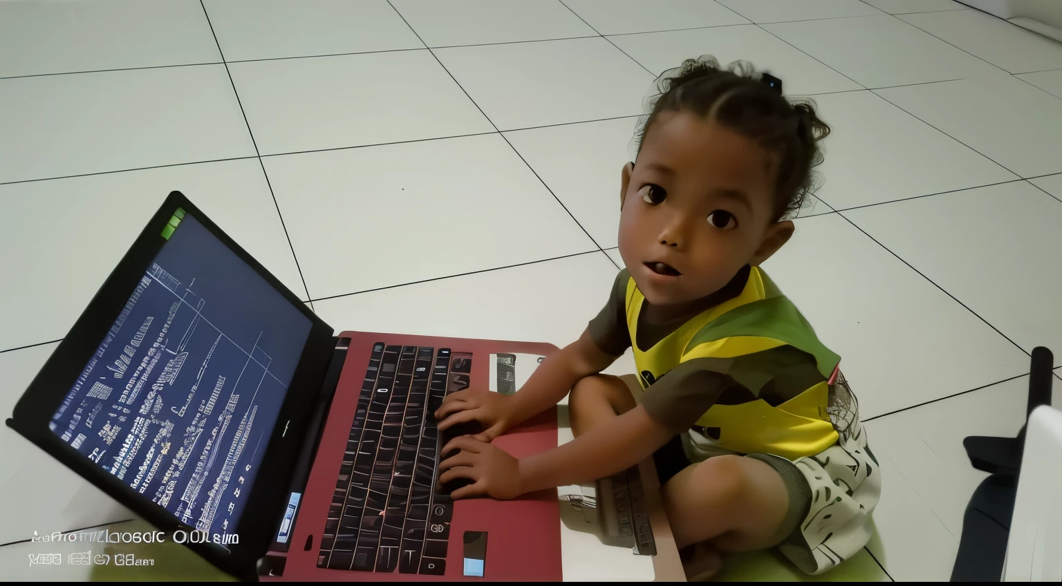there is a small sitting on the floor with a laptop, working on her laptop, with a laptop on his lap, in front of a computer, typing on laptop, future coder, sitting in front of computer, coding time, inspired by Abidin Dino, working, laptop, perfect expression, trying to study, ???, potrait