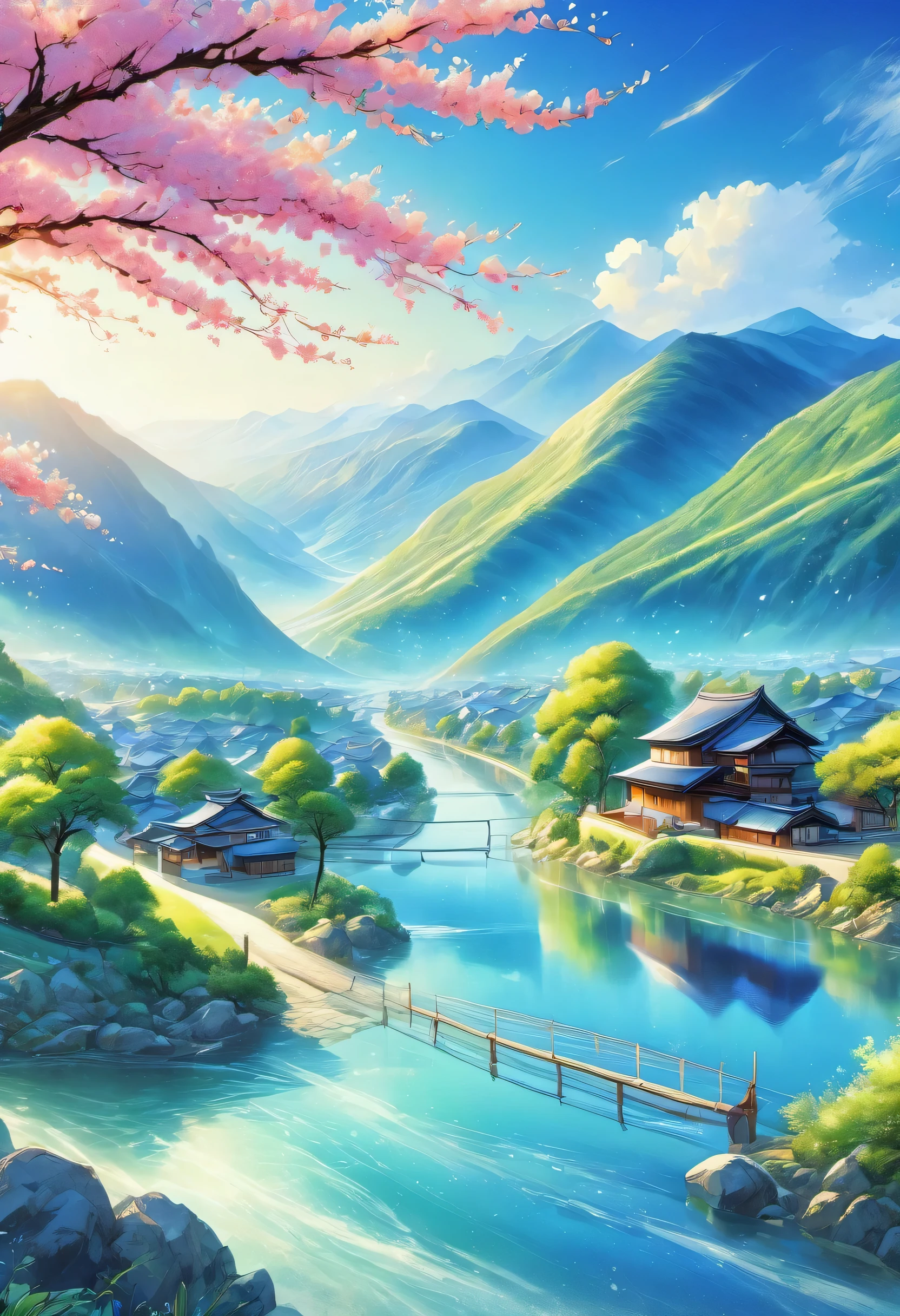 Draw a river and a small village, Anime beautiful peaceful scene, very beautiful scenery, landscape artwork, landscape art details, Very beautiful digital art, beauty of natural landscape, Beautiful art ultra hd 4k, very beautiful photos, beautiful nature, landscape wallpaper, really beautiful nature, Beautiful digital artwork, beautiful background, Cherry tree, anime style