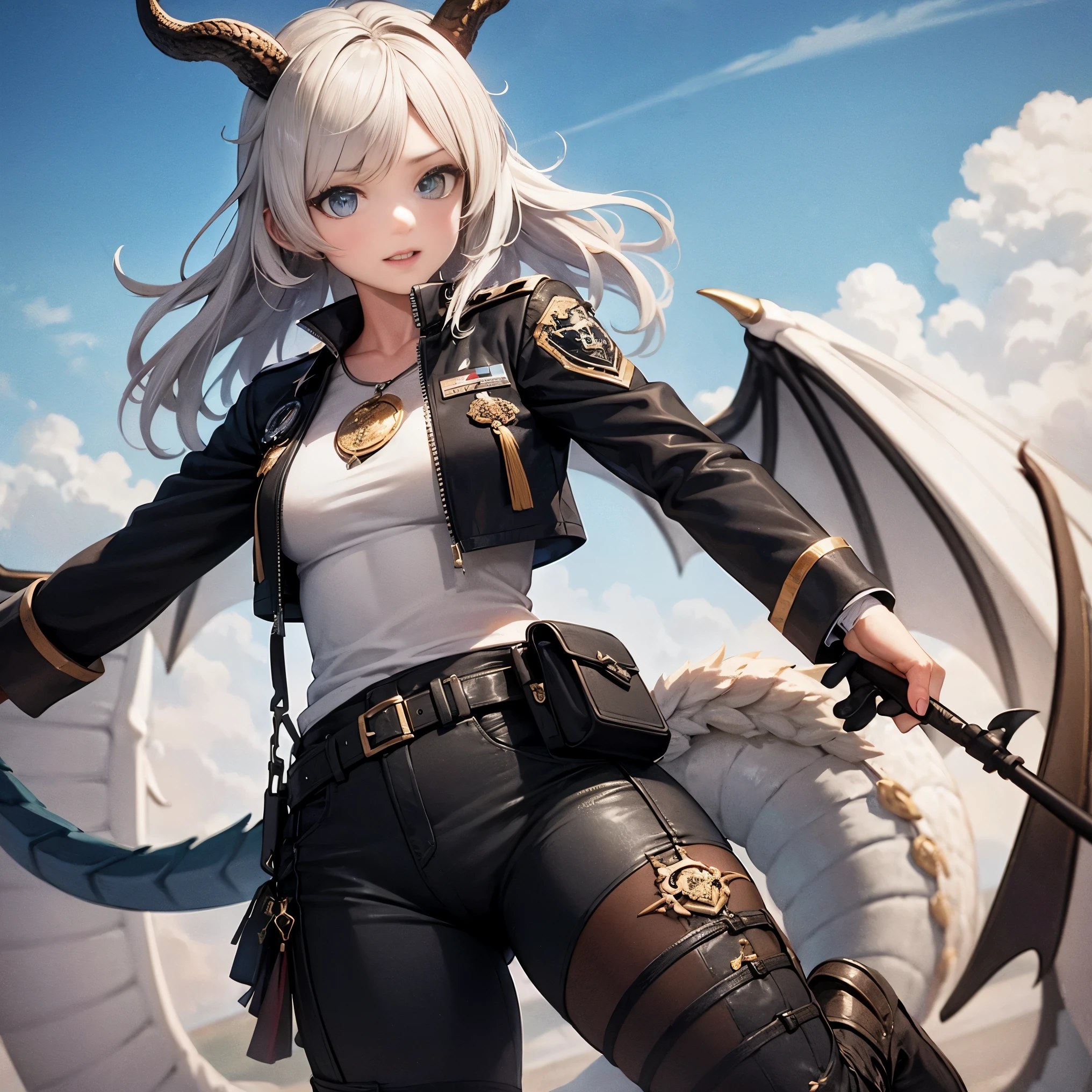 masterpiece, 8k resolution, high quality, high resolution, best quality, extremally detailed, best resolution, absurd resolution, ray tracing, high detailed, extremely detailed,detailed face, shoulder length white hair, female, 2 white fox ears with black tips, teenage girl, slime body, white scaled dragon tail, military boots,black leggings, military combat pants, black T-shirt, white military camo jacket open, medium size chest, detailed blue eyes,solo female,1 dragon tail, tomboyish, thick dragon tail, white scales, 2 dragon wings, white fluffy dragon wings, detailed face,very detailed, amazing details,solo female, 1 female, detailed 2 white furry dragon wings, 2 scaly dragon legs,two horns on her head