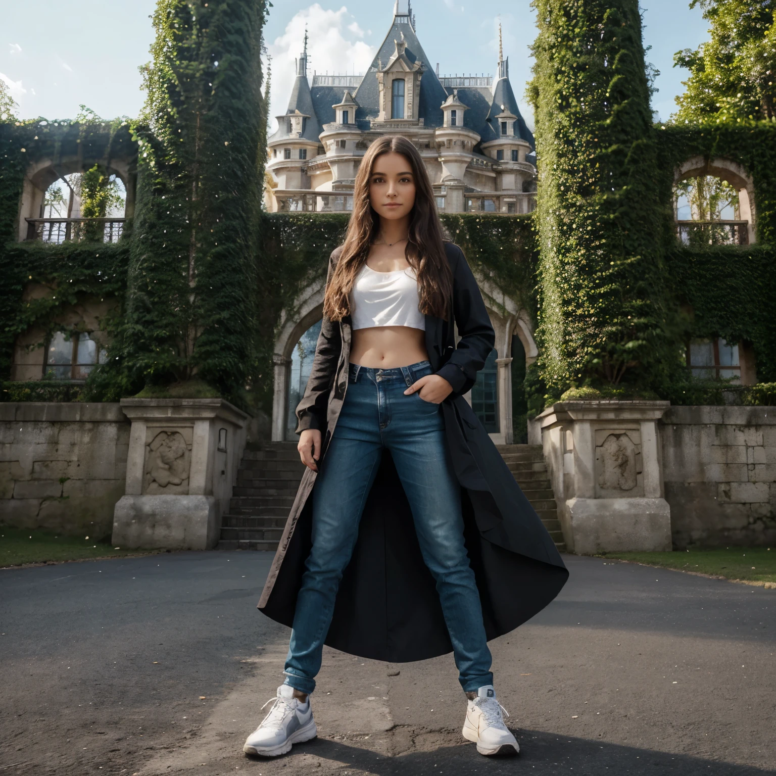 Style 3d/Guardian of the Lost Cities fantasy, girl with medium long brown wavy hair, yeux verts, chaussures noire/blanche comme nike, pantalon jean bleu classique, Boucle d'oreille en argent, collier allant juste en dessous de la clavicule avec la pierre saphir bleue brillant, une vhemise noire,cheveux flottants, background in front of a fantasy castle which represents a magic school surrounded by a forest, arms folded straight in front allowing the palms of the hands to point towards the sky, aura magique bleue qui se degage des mains. Regarder vers l'avant avec un sourire de combattante, best quality