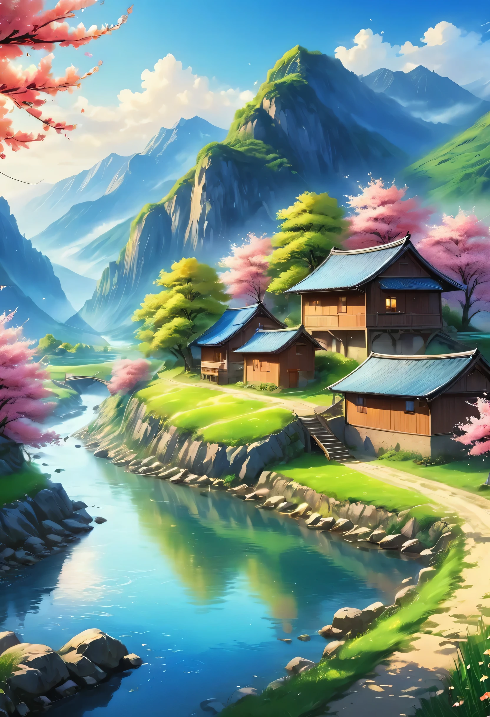 Draw a river and a small village, Anime beautiful peaceful scene, very beautiful scenery, landscape artwork, landscape art details, Very beautiful digital art, beauty of natural landscape, Beautiful art ultra hd 4k, very beautiful photos, beautiful nature, landscape wallpaper, really beautiful nature, Beautiful digital artwork, beautiful background, Cherry tree, anime style