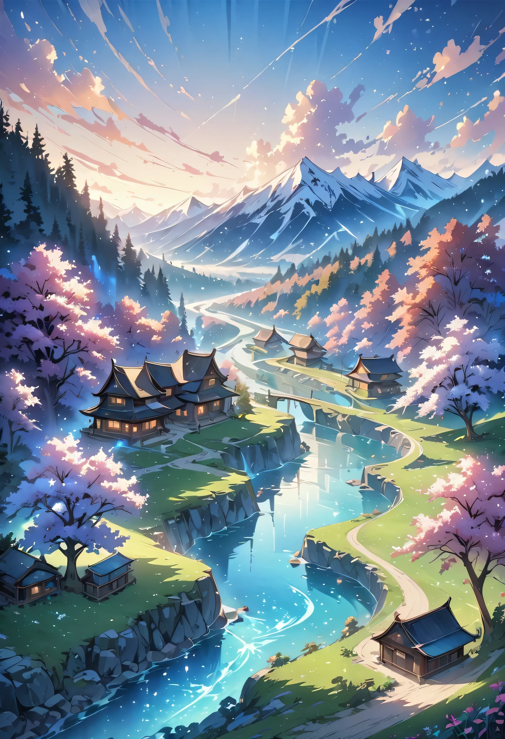 Draw a river and a small village, Anime beautiful peaceful scene, very beautiful scenery, landscape artwork, landscape art details, Very beautiful digital art, beauty of natural landscape, Beautiful art ultra hd 4k, very beautiful photos, beautiful nature, landscape wallpaper, really beautiful nature, Beautiful digital artwork, beautiful background, Cherry tree, anime style