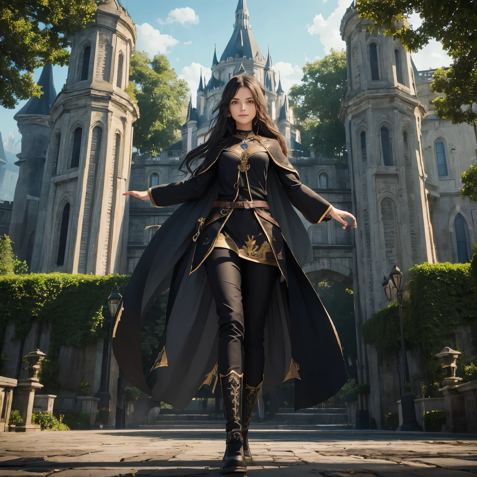 Style 3d/Guardian of the Lost Cities fantasy, girl with medium long brown wavy hair, yeux verts, chaussures noire/blanche comme nike, pantalon jean bleu classique, Boucle d'oreille  en argent, collier allant juste en dessous de la clavicule avec la pierre saphir bleue brillant, une vhemise noire,cheveux flottants, background in front of a fantasy castle which represents a magic school surrounded by a forest, arms folded straight in front allowing the palms of the hands to point towards the sky, aura magique bleue qui se degage des mains. Regarder vers l'avant avec un sourire de combattante, best quality