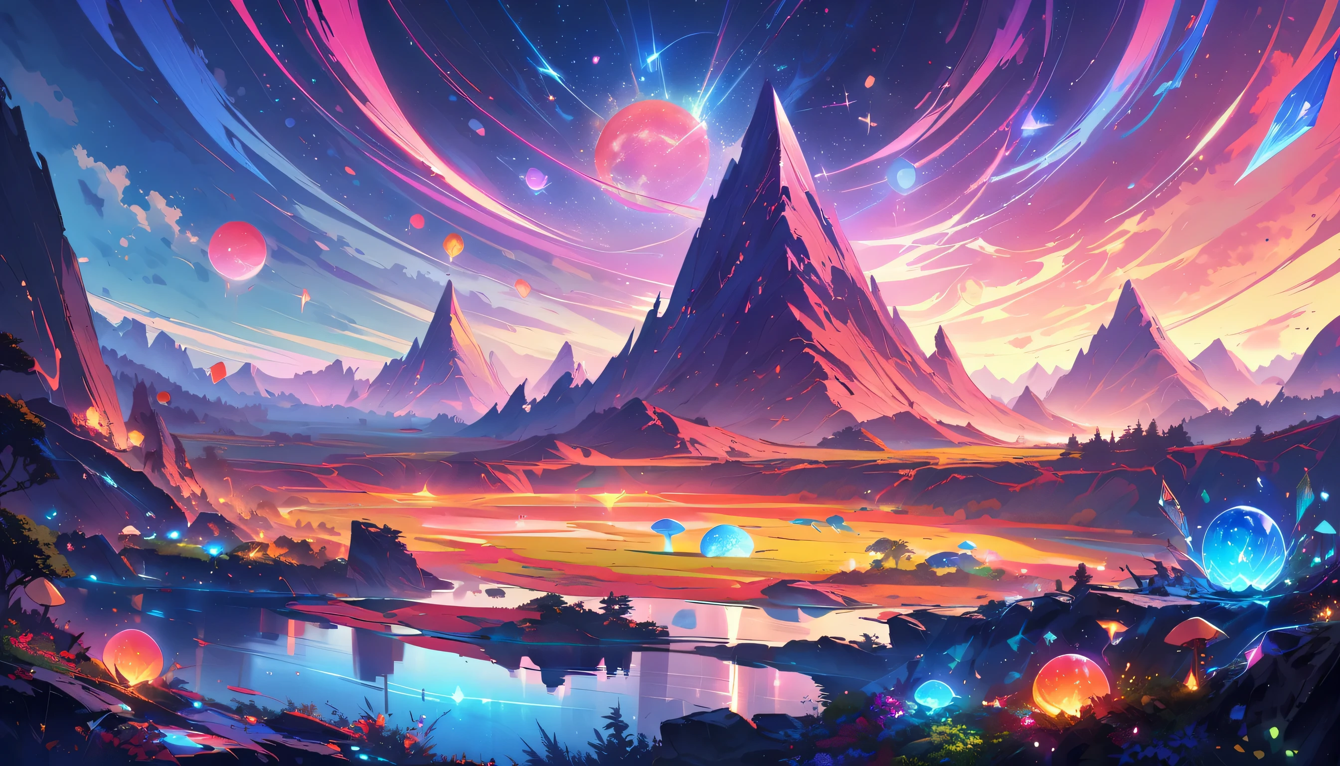 （best quality，4k，8k，HD，masterpiece：1.2），Super detailed，lifelike，alien landscape，beauty，Colorful，original，otherworldly，exotic，alien creature，dense vegetation，otherworldly plants and flowers，glowing mushroom，floating rocks，bioluminescent organisms，ethereal atmosphere，unusual geological formations，crystal-like structure，Alien sky with multiple moons and nebulae，strange constellations，amazing wildlife，unexplored terrain，Vivid and contrasting colors，Weird lighting effects，The ruins of an unknown civilization，alien architecture，energy ball，beam，alien energy，Celestial energy，Peaceful and mysterious atmosphere，spectacular view，majestic mountains，Fall，Surreal reflections，coexisting alien creature，Alien life forms with unique characteristics，close celestial body，strange celestial event，a profound sense of wonder and awe，Intrepid explorer discovers secrets of alien world，infinite possibilities。