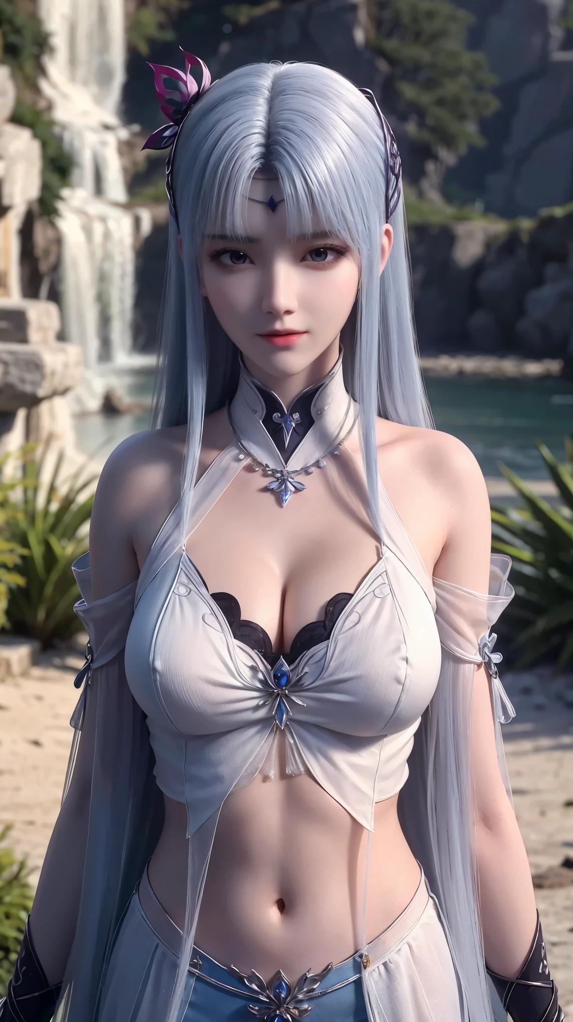 best quality,Highly detailed,masterpiece,Super detailed,一个extremely delicate and beautiful的女孩,Extremely detailed,extremely delicate and beautiful,bare shoulders,8k wallpaper,black ribbon,dynamic angle,overexposure,glowing eyes,Very close to the audience,white bow,reality,Original,long hair,超long hair,Big breasts,none袖衬衫,shorts,none,none,heart shaped hair accessories,jewelry,缎带necklace,黑色necklace,necklace,pendant,wristband,seductive smile,excited,heart shaped pupils,look up、Look up、standing、extremely delicate and beautiful,Dynamic angles,shine,blue eyes,sky blue hair,凌乱的long hair,absurdist,Big breasts部,Navel exposed,halo,缎带necklace,necklace,seductive smile,head tilt,stretch,fighting stance,top down