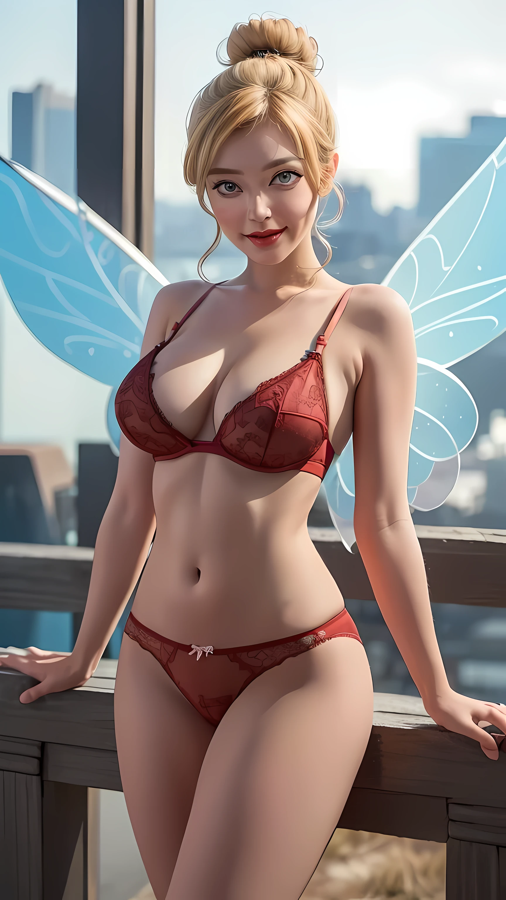 (TinkerWaifu:1), (red lingerie), (big breasts:1.4), smile, cute, cute pose, looking at viewer, single hair bun, short hair, (fairy wings), (five fingers detailed with no errors), stand up, (realistic:1.2), (realism), (masterpiece:1.2), (best quality), (ultra detailed), (8k, 4k, intricate), light particles, lighting, (highly detailed:1.2),(detailed face:1.2), (gradients), nsfw, colorful,(detailed eyes:1.2),(detailed background),detailed landscape, (rule of third_composition:1.3),