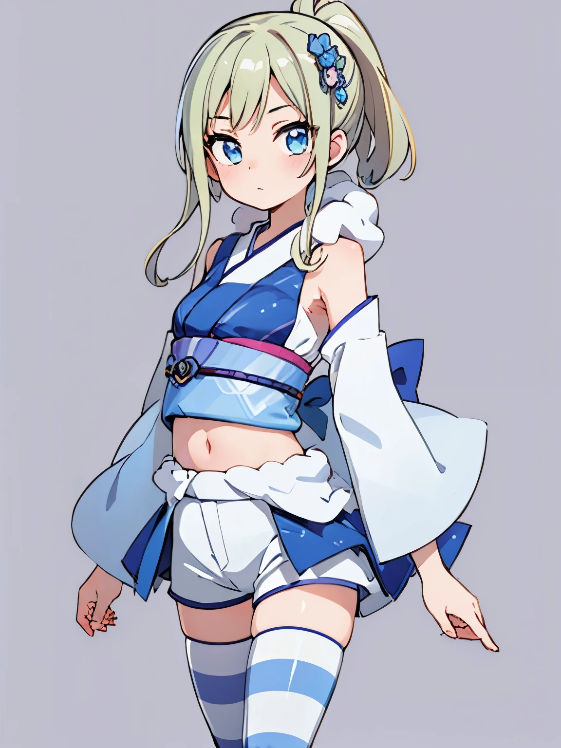 1girl,beautiful detailed eyes, frilled_sleeves, sleeves arms at sides, upright concept art, solo, cowboy shot, full body, looking at viewer, grey background, simple background, chibi, long blonde hair, blue eyes, crop top, Navel exposed, furisode, bath yukata, uchikake, Uchikake, Yukata, Kimono, Kimono, Yukata, shorts under skirt white shorts blue skirt blue shirt single thighhigh striped thighhighs