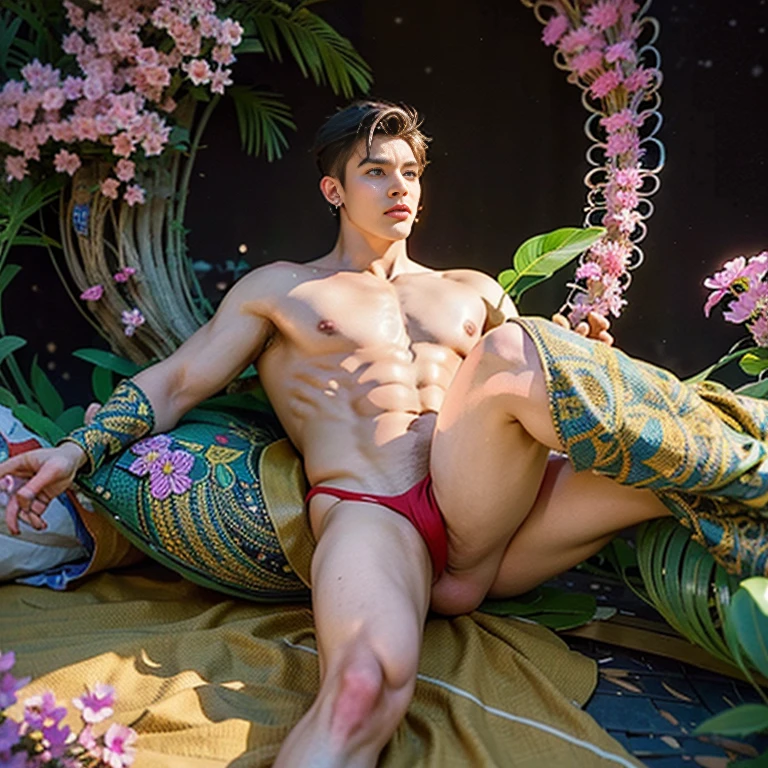 (masterpiece,beautiful and aesthetic:1.2), (1boy:1.3), extremely detailed,(fractal art:1.1),(colorful:1.1)(flowers:1.3),highest detailed,(zentangle:1.2), (dynamic pose), (abstract background:1.3), (shiny skin), (many colors:1.4),(earrings), (tail of light :1.5),ivy frame, handsome man , m-shaped legs , thighs high , y , NSFW. Ero big hips , big thighs , slutty face , slut , whore , thick thighs, thick booty. Fat buttocks ,bare chest