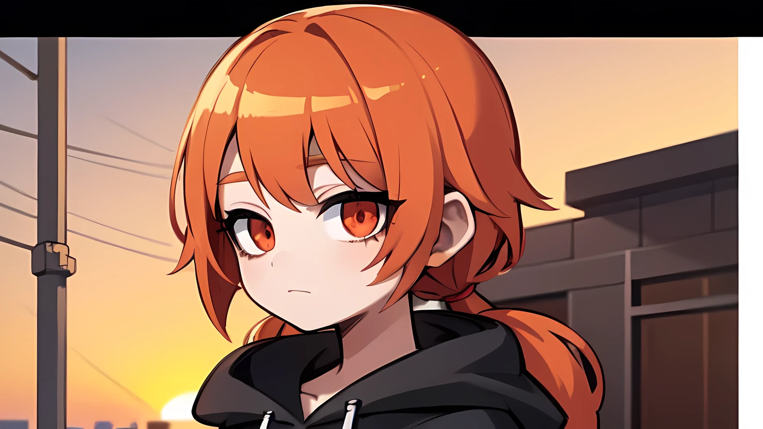 1girl,solo,upper body,looking at viewer,facing viewer,low twintails,orange short hair,red eyes,parted bangs,white hairtie,black hoodie,hair pulled back,lifeless eyes,mad,sad,sunset,roof