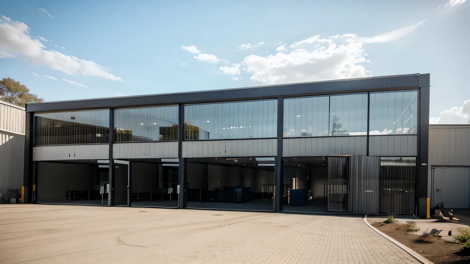 Imagine the facade of a storage warehouse with glass walls allowing ample natural light, featuring large sliding doors and exterior lighting that accentuates its structure