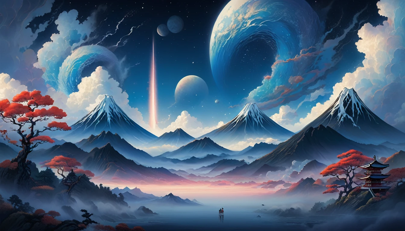 Enter a realm where the fantastical and the sublime intertwine, as if conjured by the ethereal brush of Katsushika Hokusai. Imagine a scene where alien vistas unfold in the style of the master, where towering mountains morph into colossal spires, crowned with swirling clouds of iridescence. Beneath, a vast expanse of alien terrain stretches into the horizon, dotted with exotic flora that defy earthly logic. In the distance, a celestial phenomenon paints the sky with hues unseen, casting an otherworldly glow upon the landscape. This fusion of alien wonders and Hokusai's artistry evokes a sense of awe and wonder, inviting exploration of the unknown.