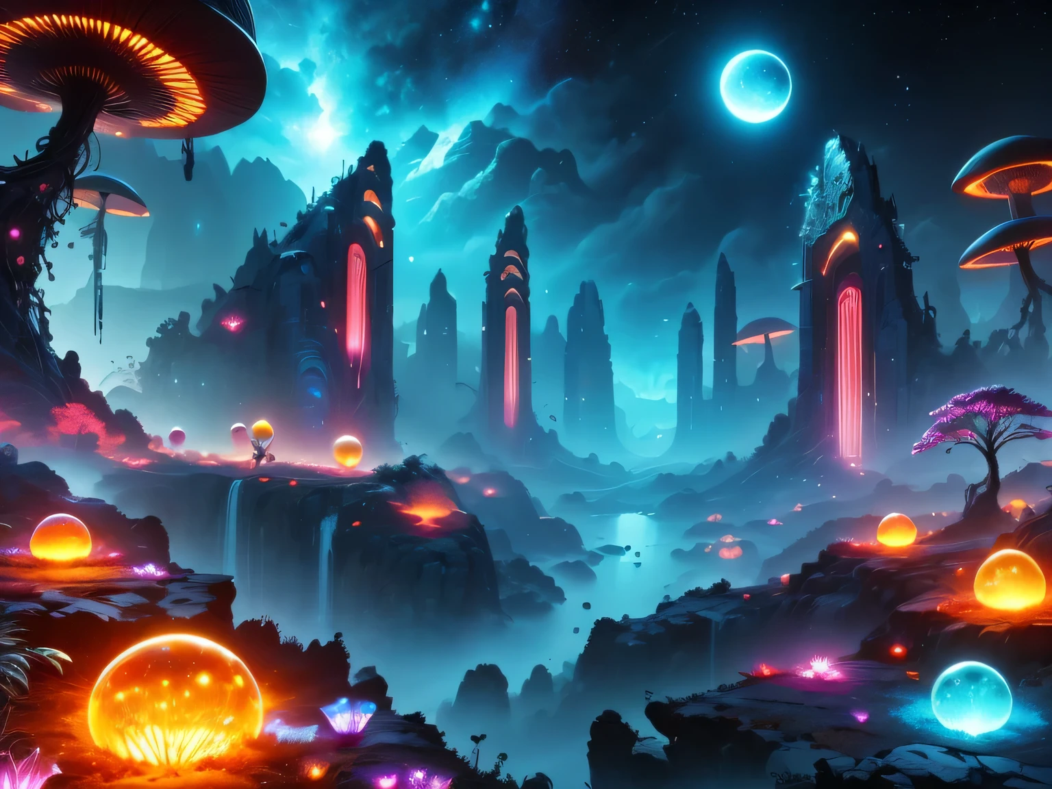 （best quality，4k，8k，HD，masterpiece：1.2），Super detailed，lifelike，alien landscape，beauty，Colorful，original，otherworldly，exotic，alien creature，dense vegetation，otherworldly plants and flowers，glowing mushroom，floating rocks，bioluminescent organisms，ethereal atmosphere，unusual geological formations，crystal-like structure，Alien sky with multiple moons and nebulae，strange constellations，amazing wildlife，unexplored terrain，Vivid and contrasting colors，Weird lighting effects，The ruins of an unknown civilization，alien architecture，energy ball，beam，alien energy，Celestial energy，Peaceful and mysterious atmosphere，spectacular view，majestic mountains，Fall，Surreal reflections，coexisting alien creature，Alien life forms with unique characteristics，close celestial body，strange celestial event，a profound sense of wonder and awe，Intrepid explorer discovers secrets of alien world，infinite possibilities。