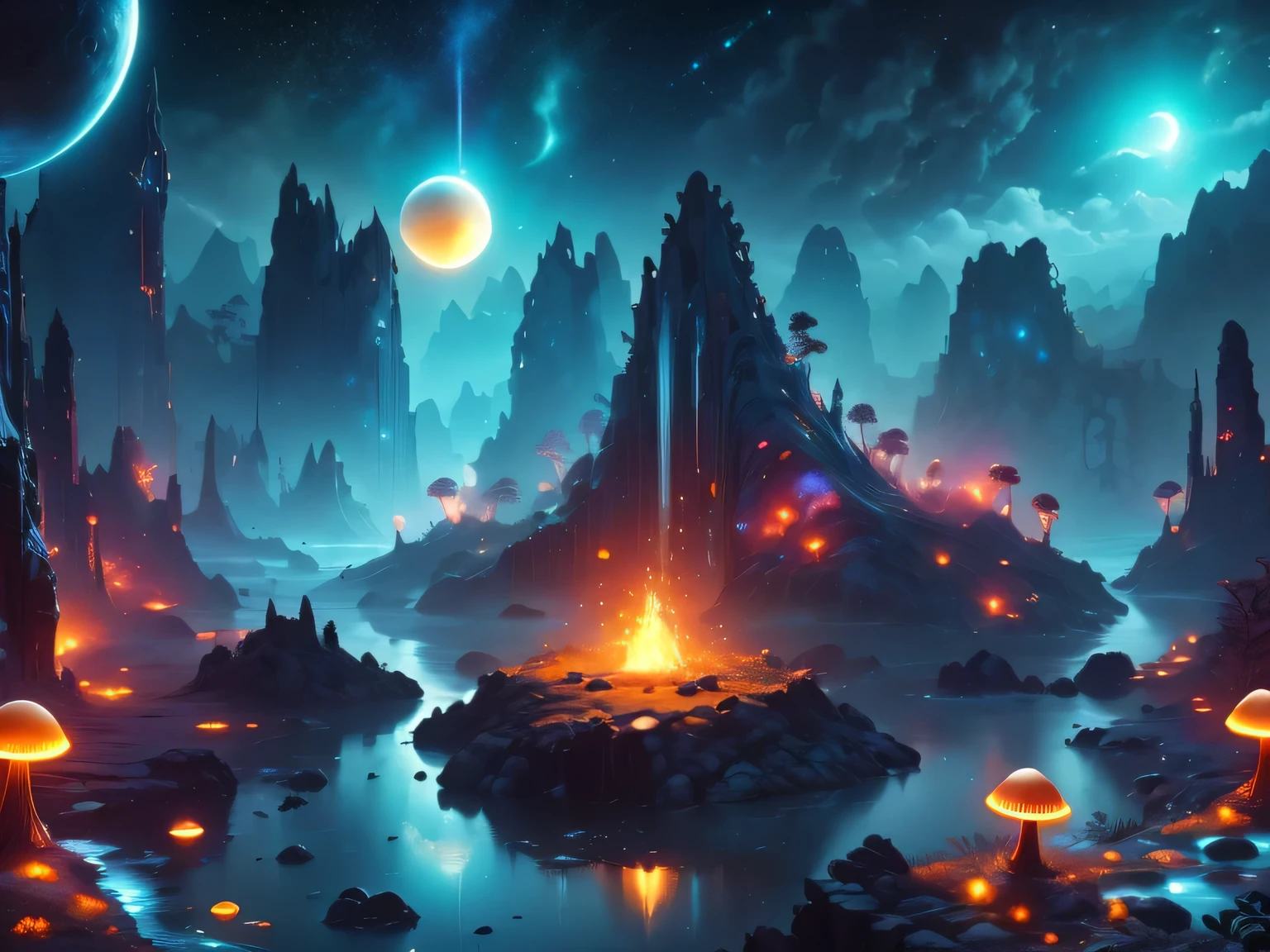 （best quality，4k，8k，HD，masterpiece：1.2），Super detailed，lifelike，alien landscape，beauty，Colorful，original，otherworldly，exotic，alien creature，dense vegetation，otherworldly plants and flowers，glowing mushroom，floating rocks，bioluminescent organisms，ethereal atmosphere，unusual geological formations，crystal-like structure，Alien sky with multiple moons and nebulae，strange constellations，amazing wildlife，unexplored terrain，Vivid and contrasting colors，Weird lighting effects，The ruins of an unknown civilization，alien architecture，energy ball，beam，alien energy，Celestial energy，Peaceful and mysterious atmosphere，spectacular view，majestic mountains，Fall，Surreal reflections，coexisting alien creature，Alien life forms with unique characteristics，close celestial body，strange celestial event，a profound sense of wonder and awe，Intrepid explorer discovers secrets of alien world，infinite possibilities。