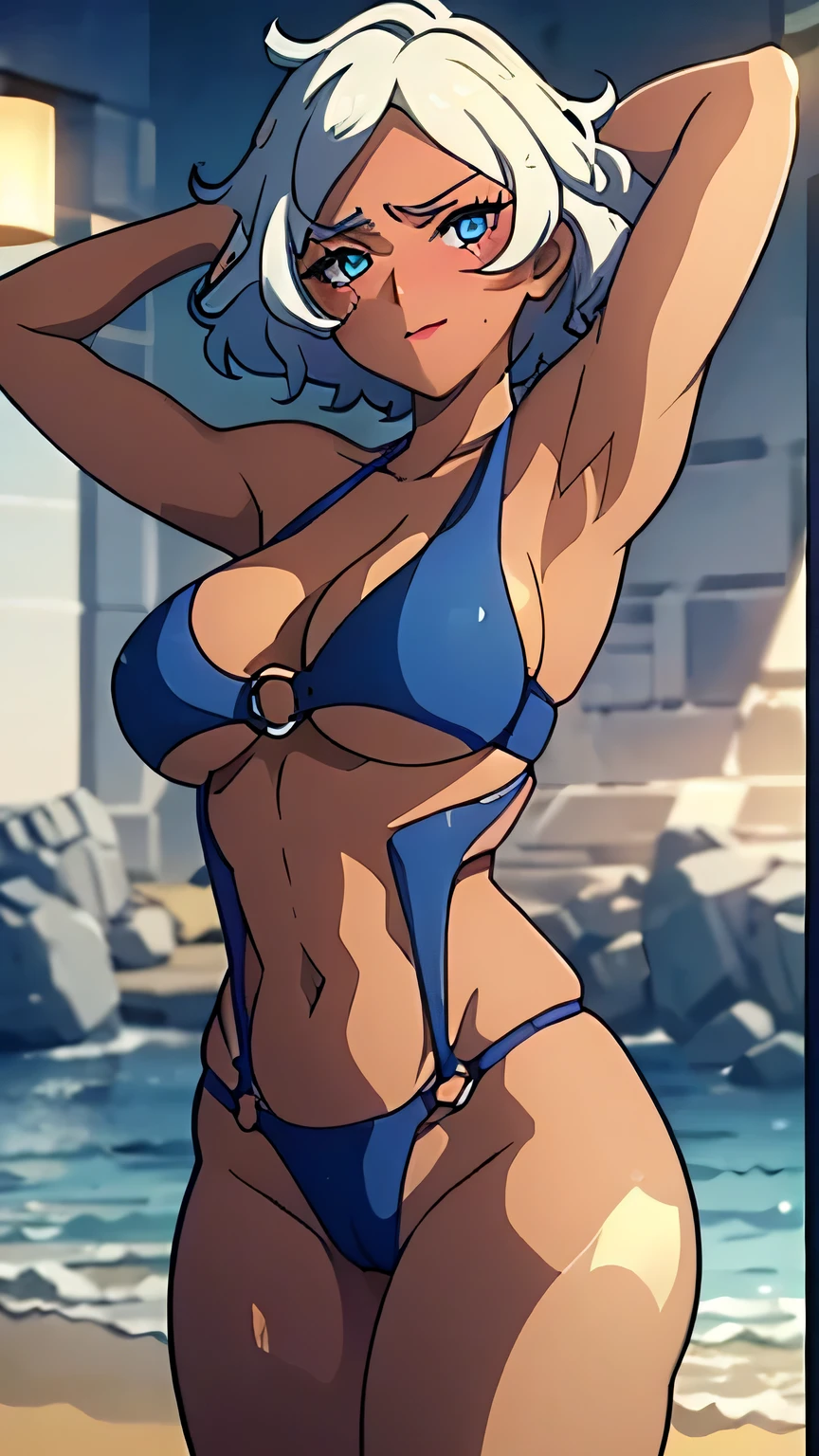 absurdres, highres, cowboy shot, 1girl, white hair, short hair, secelia dote, blue eyes, (dark skin, tan), large breasts, underboob, o-ring bikini,  \(gundam\), blush, perfect hands, wind, bouncing hair, dynamic pose, beach, cameltoe, seductive, full body
