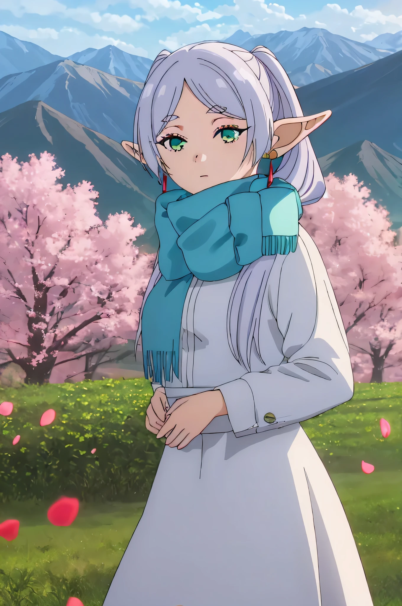 ((highest quality)),((very detailed)),masterpiece,disorganized,detailed face,beautiful face,(fine eyes, deep eyes),1 girl freezing, pointed ears, alone, scarf, blue scarf, twin tails, green eyes, outdoor, earrings, jewelry, long hair,花 field,petal,cloud,Mountain,