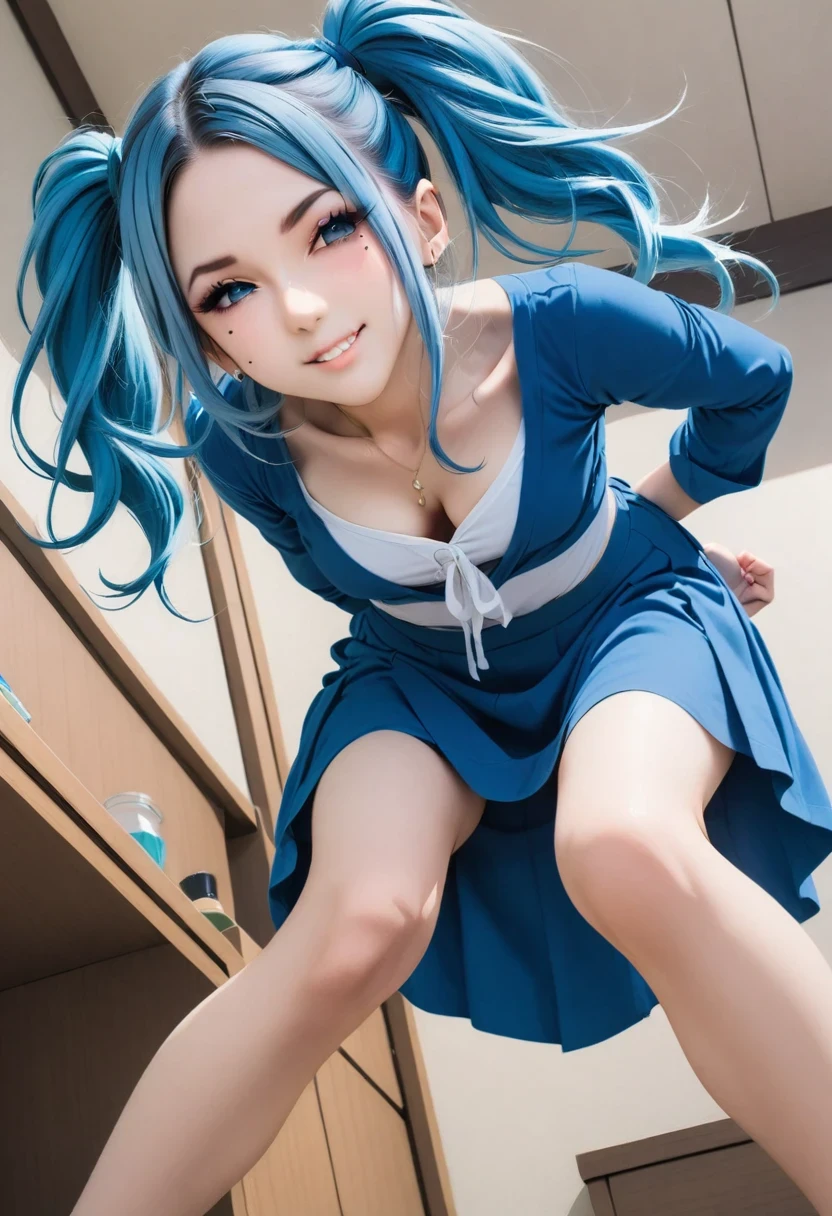 Aisha hanabi, blue hair, mole under eye, blue skirt, cleavage, flat chested, (from below:1.2), bent over, grin, blush, best quality, masterpiece, perfect lighting, arms behind back,