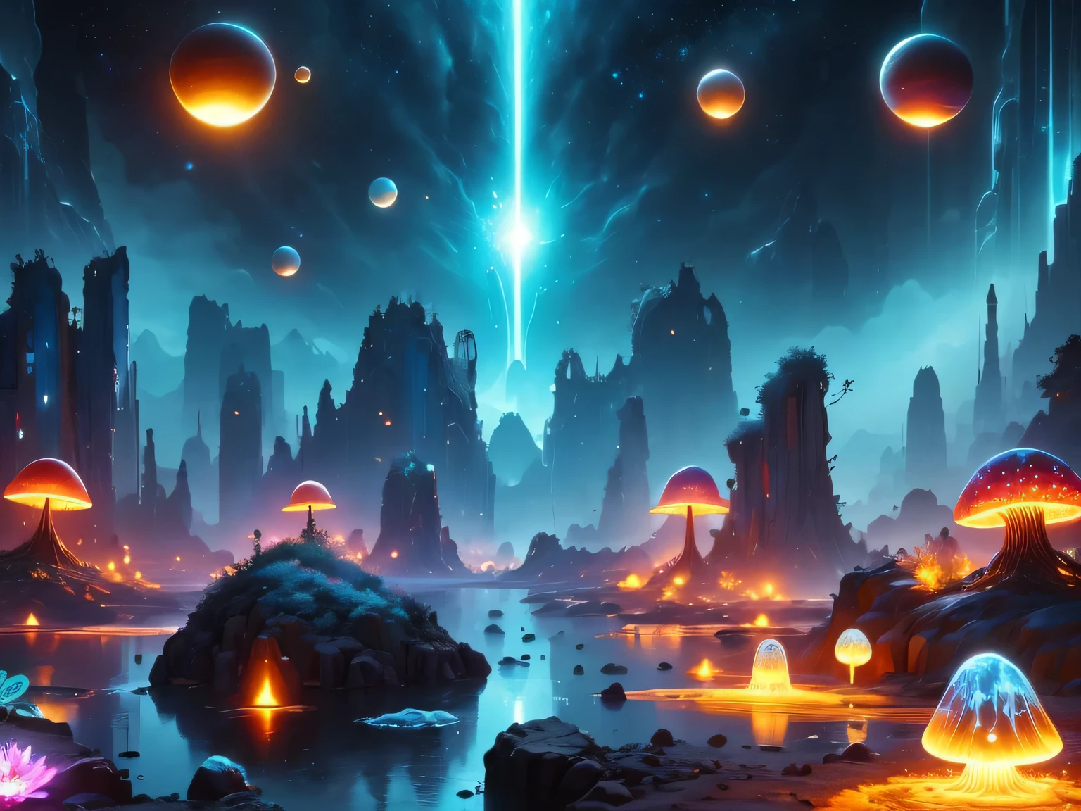 （best quality，4k，8k，HD，masterpiece：1.2），Super detailed，lifelike，alien landscape，beauty，Colorful，original，otherworldly，exotic，alien creature，dense vegetation，otherworldly plants and flowers，glowing mushroom，floating rocks，bioluminescent organisms，ethereal atmosphere，unusual geological formations，crystal-like structure，Alien sky with multiple moons and nebulae，strange constellations，amazing wildlife，unexplored terrain，Vivid and contrasting colors，Weird lighting effects，The ruins of an unknown civilization，alien architecture，energy ball，beam，alien energy，Celestial energy，Peaceful and mysterious atmosphere，spectacular view，majestic mountains，Fall，Surreal reflections，coexisting alien creature，Alien life forms with unique characteristics，close celestial body，strange celestial event，a profound sense of wonder and awe，Intrepid explorer discovers secrets of alien world，infinite possibilities。