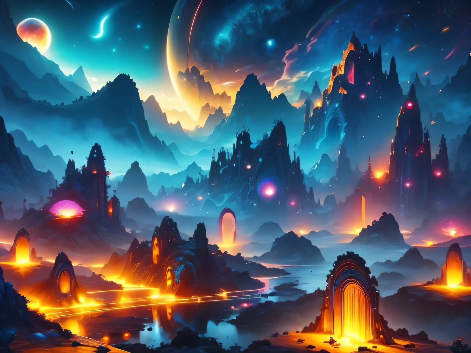 （best quality，4k，8k，HD，masterpiece：1.2），Super detailed，lifelike，alien landscape，beauty，Colorful，original，otherworldly，exotic，alien creature，dense vegetation，otherworldly plants and flowers，glowing mushroom，floating rocks，bioluminescent organisms，ethereal atmosphere，unusual geological formations，crystal-like structure，Alien sky with multiple moons and nebulae，strange constellations，amazing wildlife，unexplored terrain，Vivid and contrasting colors，Weird lighting effects，The ruins of an unknown civilization，alien architecture，energy ball，beam，alien energy，Celestial energy，Peaceful and mysterious atmosphere，spectacular view，majestic mountains，Fall，Surreal reflections，coexisting alien creature，Alien life forms with unique characteristics，close celestial body，strange celestial event，a profound sense of wonder and awe，Intrepid explorer discovers secrets of alien world，infinite possibilities。