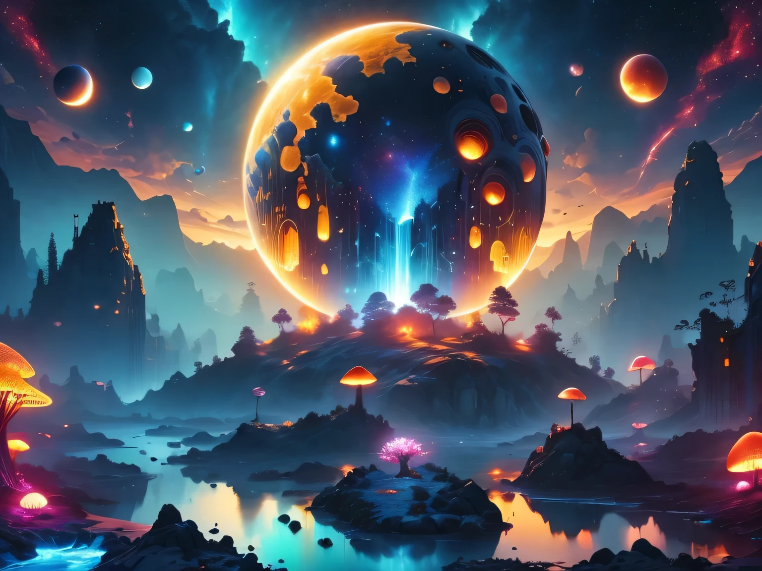 （best quality，4k，8k，HD，masterpiece：1.2），Super detailed，lifelike，alien landscape，beauty，Colorful，original，otherworldly，exotic，alien creature，dense vegetation，otherworldly plants and flowers，glowing mushroom，floating rocks，bioluminescent organisms，ethereal atmosphere，unusual geological formations，crystal-like structure，Alien sky with multiple moons and nebulae，strange constellations，amazing wildlife，unexplored terrain，Vivid and contrasting colors，Weird lighting effects，The ruins of an unknown civilization，alien architecture，energy ball，beam，alien energy，Celestial energy，Peaceful and mysterious atmosphere，spectacular view，majestic mountains，Fall，Surreal reflections，coexisting alien creature，Alien life forms with unique characteristics，close celestial body，strange celestial event，a profound sense of wonder and awe，Intrepid explorer discovers secrets of alien world，infinite possibilities。