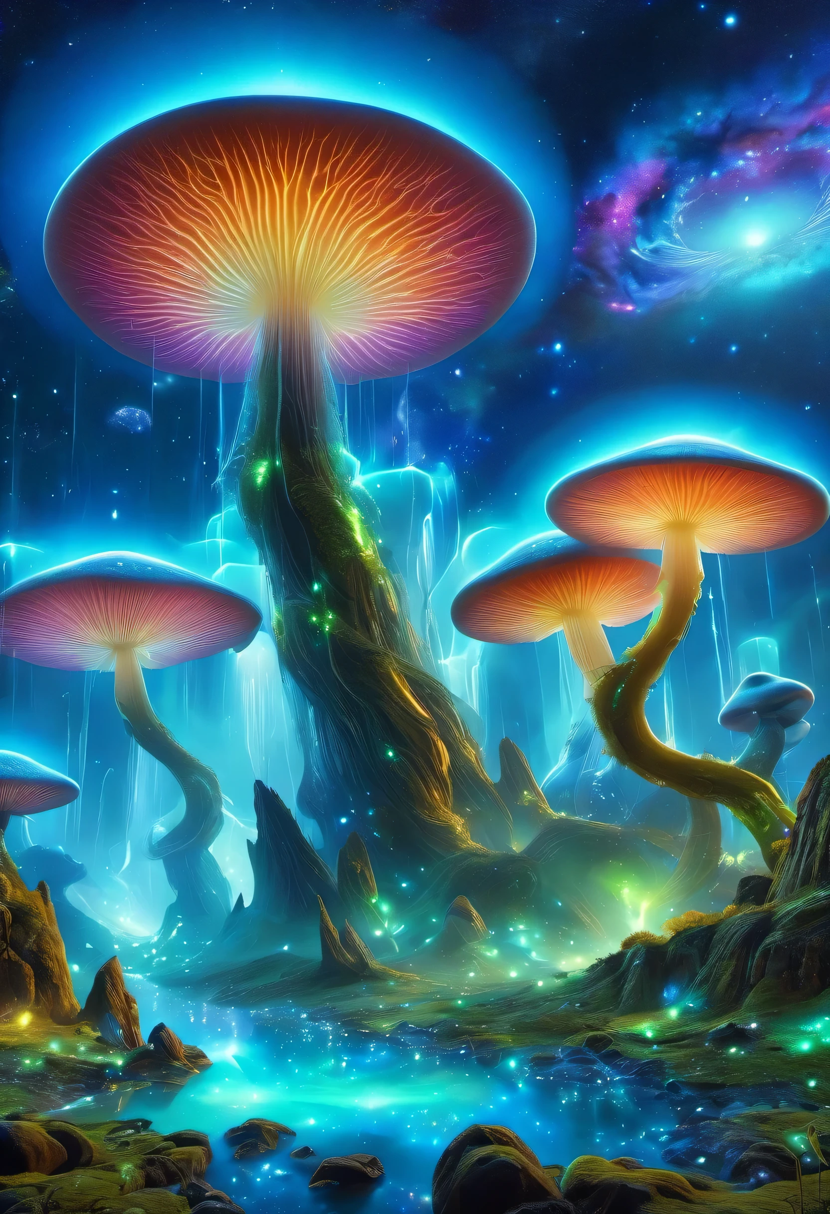 (best quality,4k,8k,HD,masterpiece:1.2),Super detailed,lifelike,alien landscape,beauty,Colorful,original,otherworldly,exotic,alien creature,dense vegetation,otherworldly plants and flowers,glowing mushroom,floating rocks,bioluminescent organisms,ethereal atmosphere,unusual geological formations,crystal-like structure,Alien sky with multiple moons and nebulae,strange constellations,amazing wildlife,unexplored terrain,Vivid and contrasting colors,Weird lighting effects,The ruins of an unknown civilization,alien architecture,energy ball,beam,alien energy,Celestial energy,Peaceful and mysterious atmosphere,spectacular view,majestic mountains,Fall,Surreal reflections,coexisting alien creature,Alien life forms with unique characteristics,close celestial body,strange celestial event,a profound sense of wonder and awe,Intrepid explorer discovers secrets of alien world,infinite possibilities。